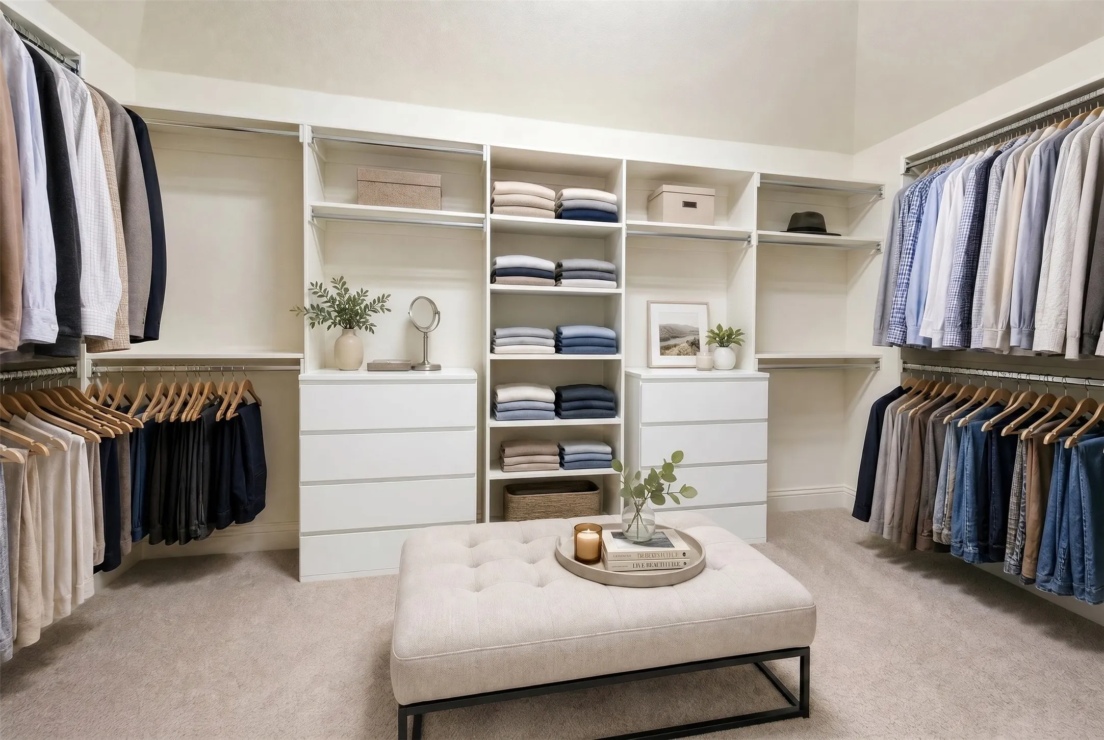 Built-in closet system with extensive hanging rods, multiple shelving units, and integrated drawer storage