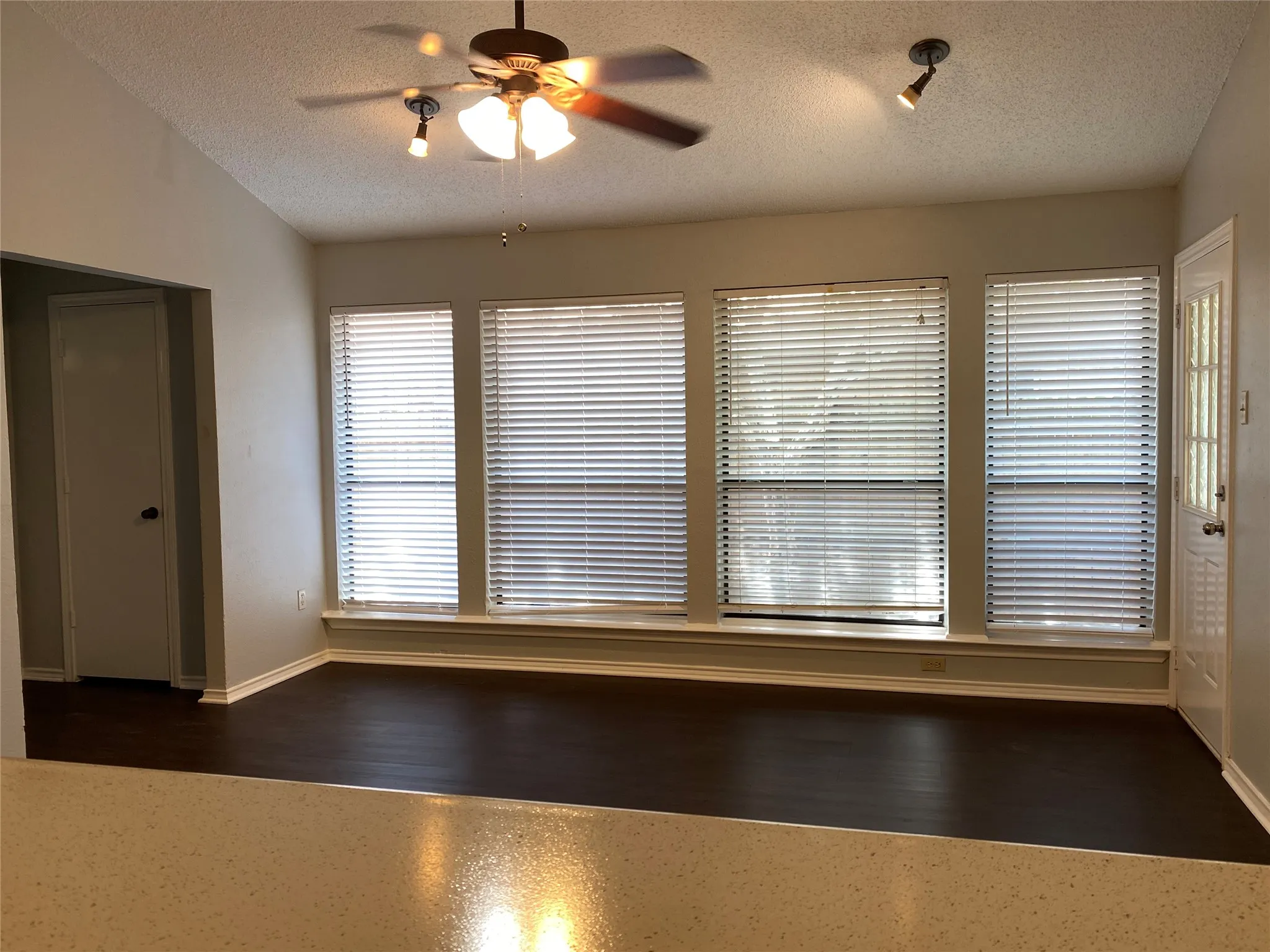 Vaulted ceiling with a ceiling fan, dark wood-finish flooring, multiple windows with blinds, and track lighting