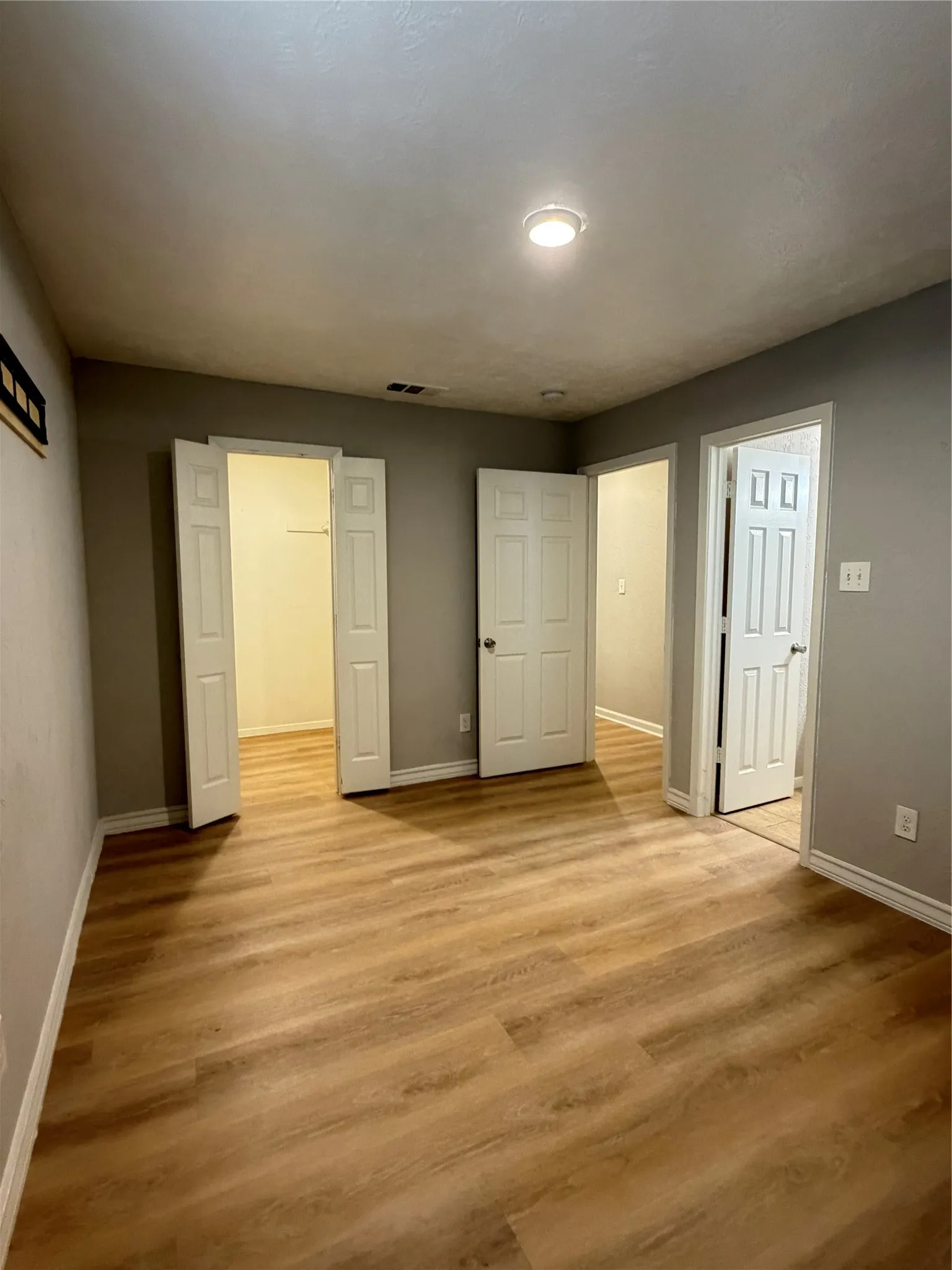 Wood-finish flooring, recessed lighting, and multiple paneled doors