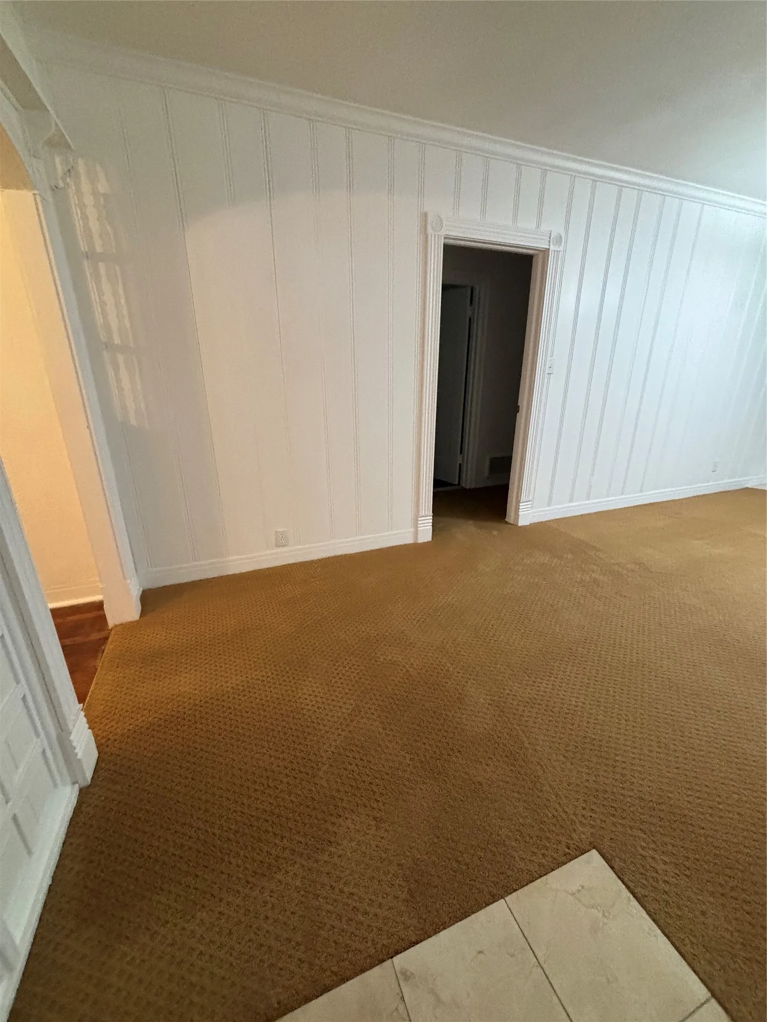 Empty room featuring a decorative wall and carpet flooring