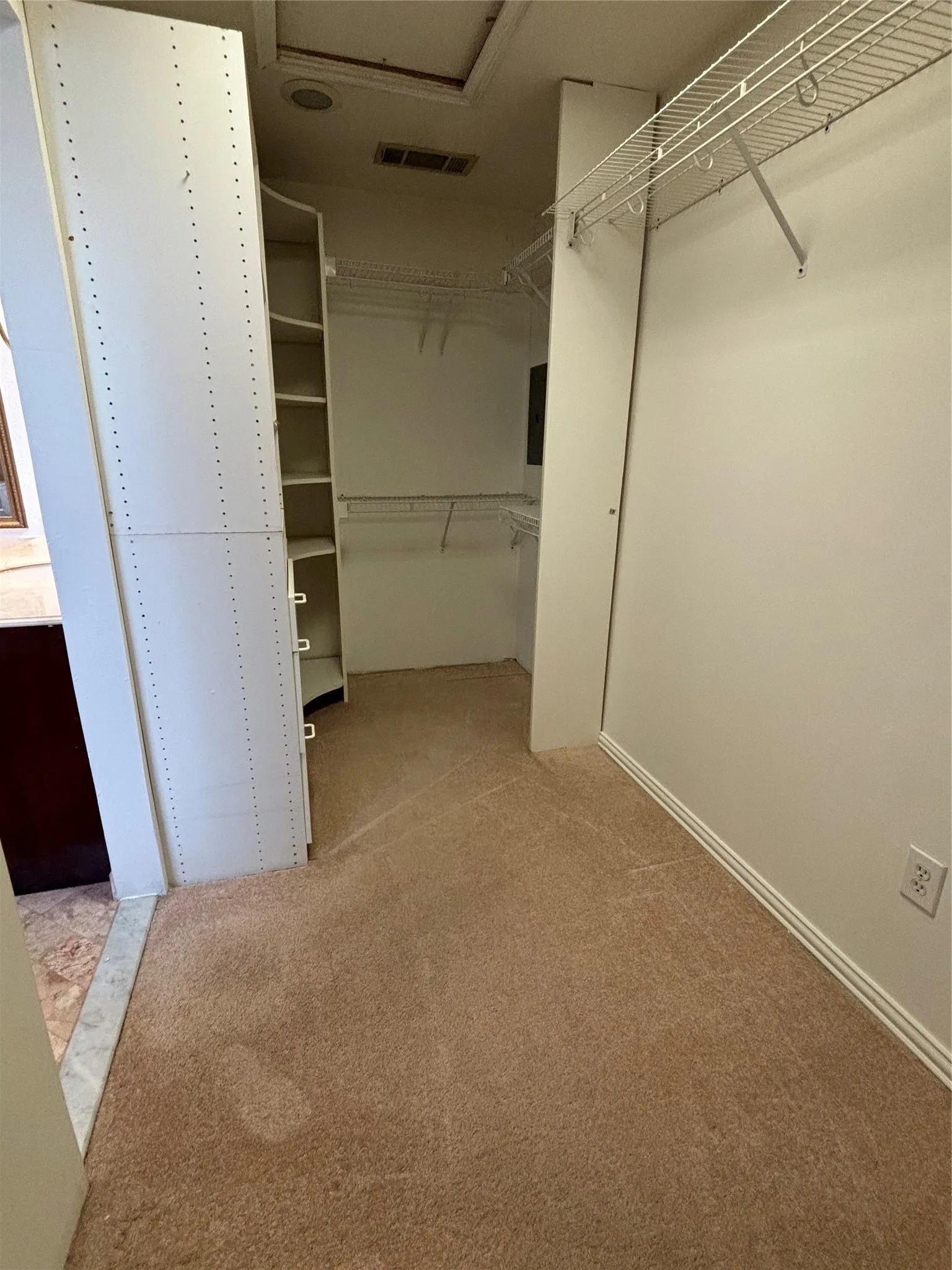 Walk in closet with light carpet