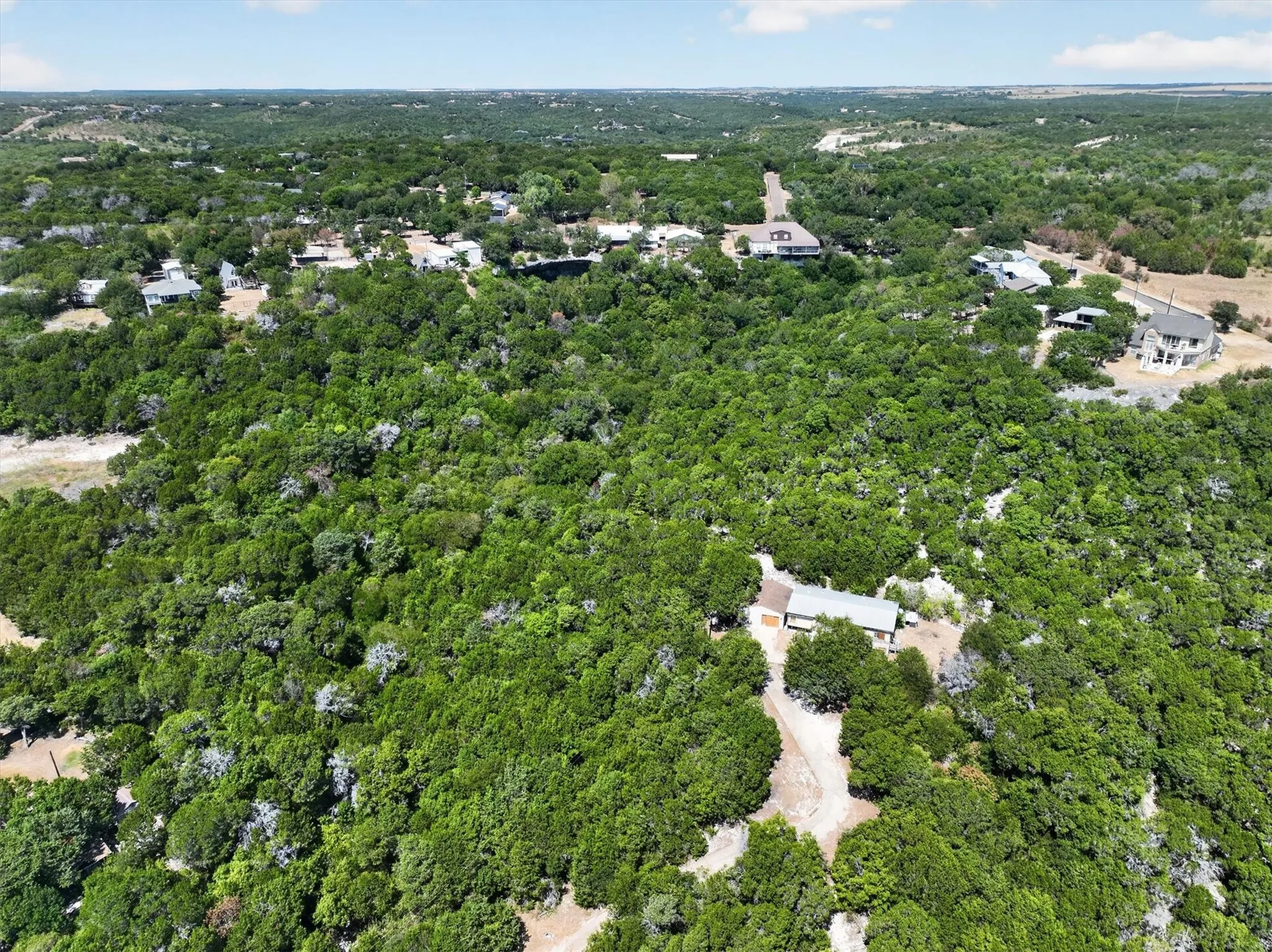 Extensive tree coverage surrounding a detached residence with a light-colored roof