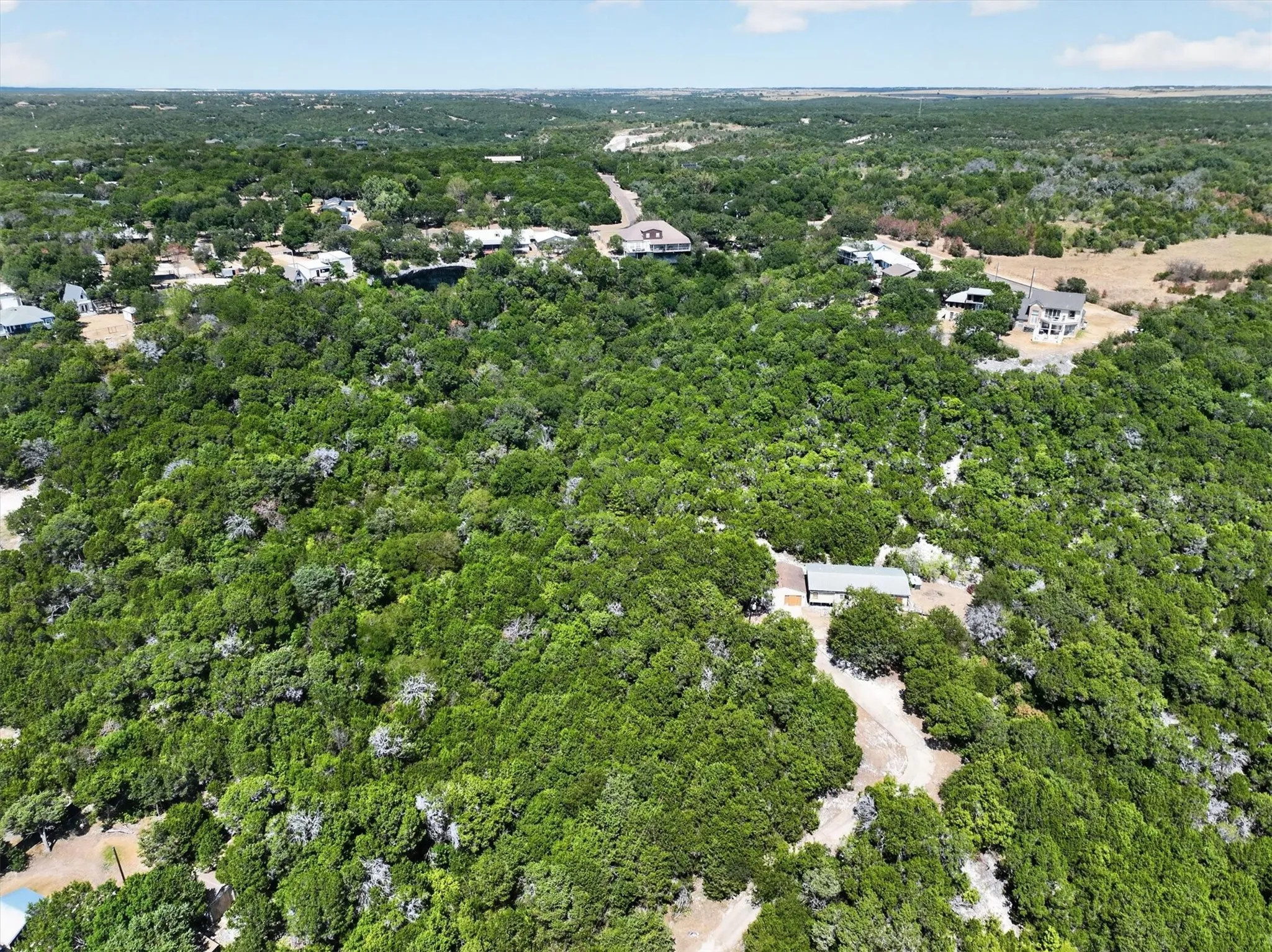 Expansive wooded landscape with mature trees and visible residential structures