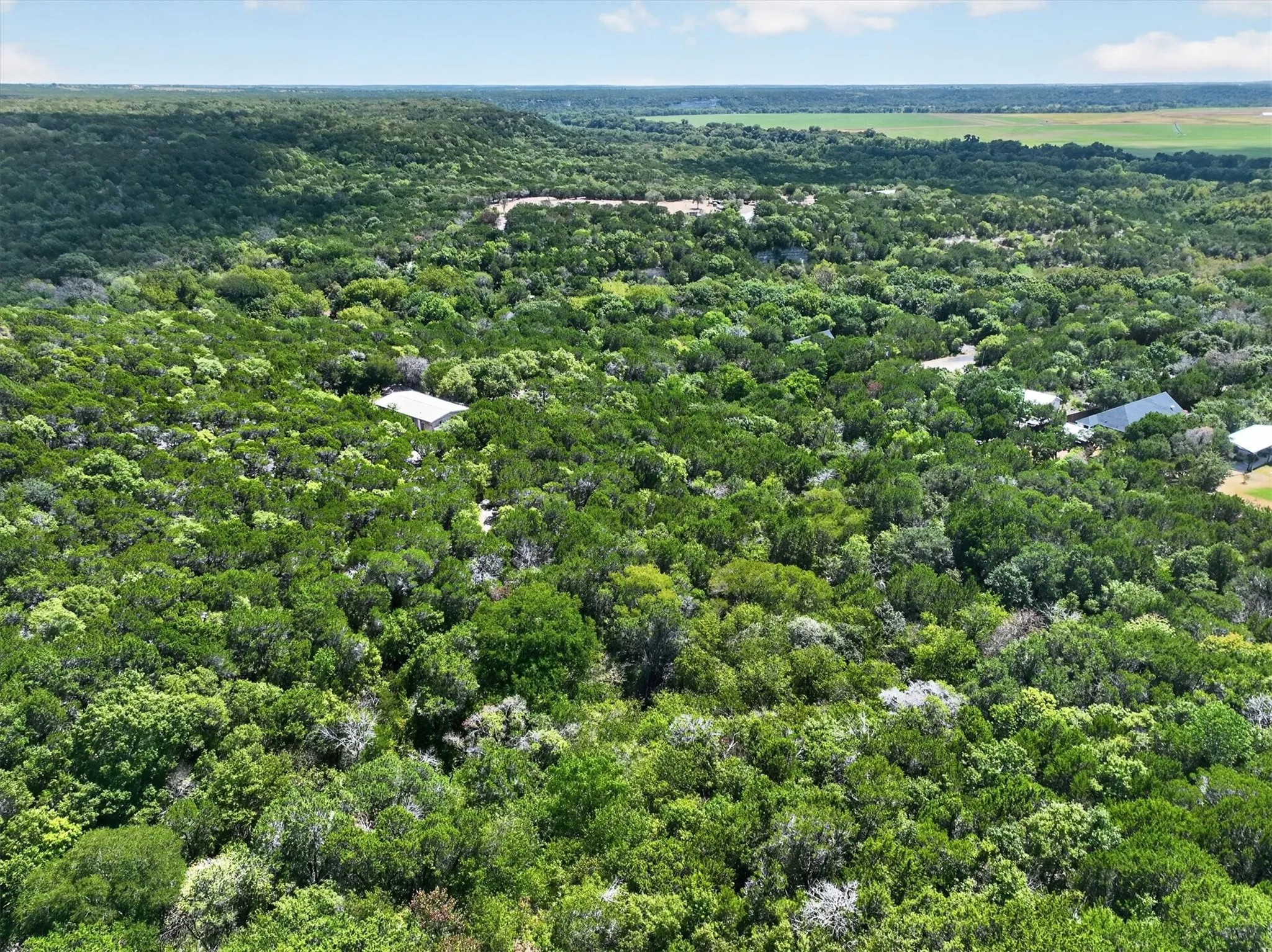 Extensive forested land with scattered structures and a distant open field