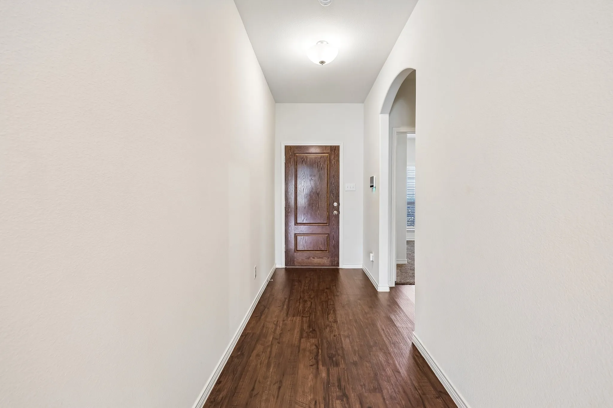 Wood-finish flooring leading to a paneled entryway door