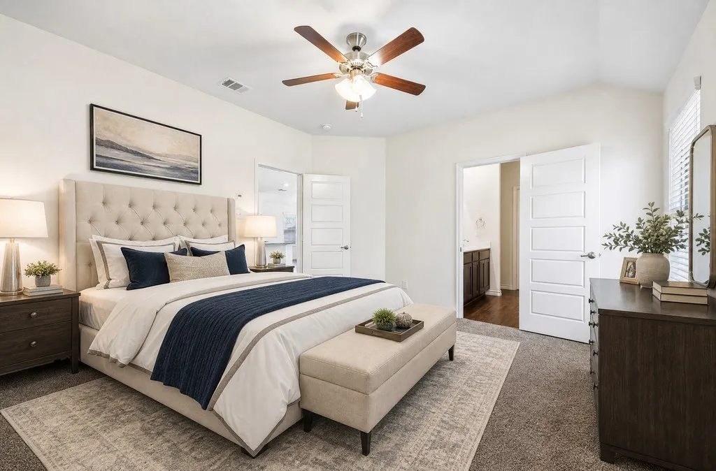 Vaulted ceiling with a ceiling fan, carpeted flooring, and a paneled door, virtually staged