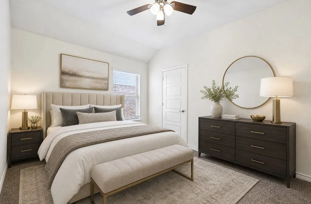 Vaulted ceiling with a ceiling fan, carpeted flooring, window with blinds, and white door with panel detailing, virtually staged
