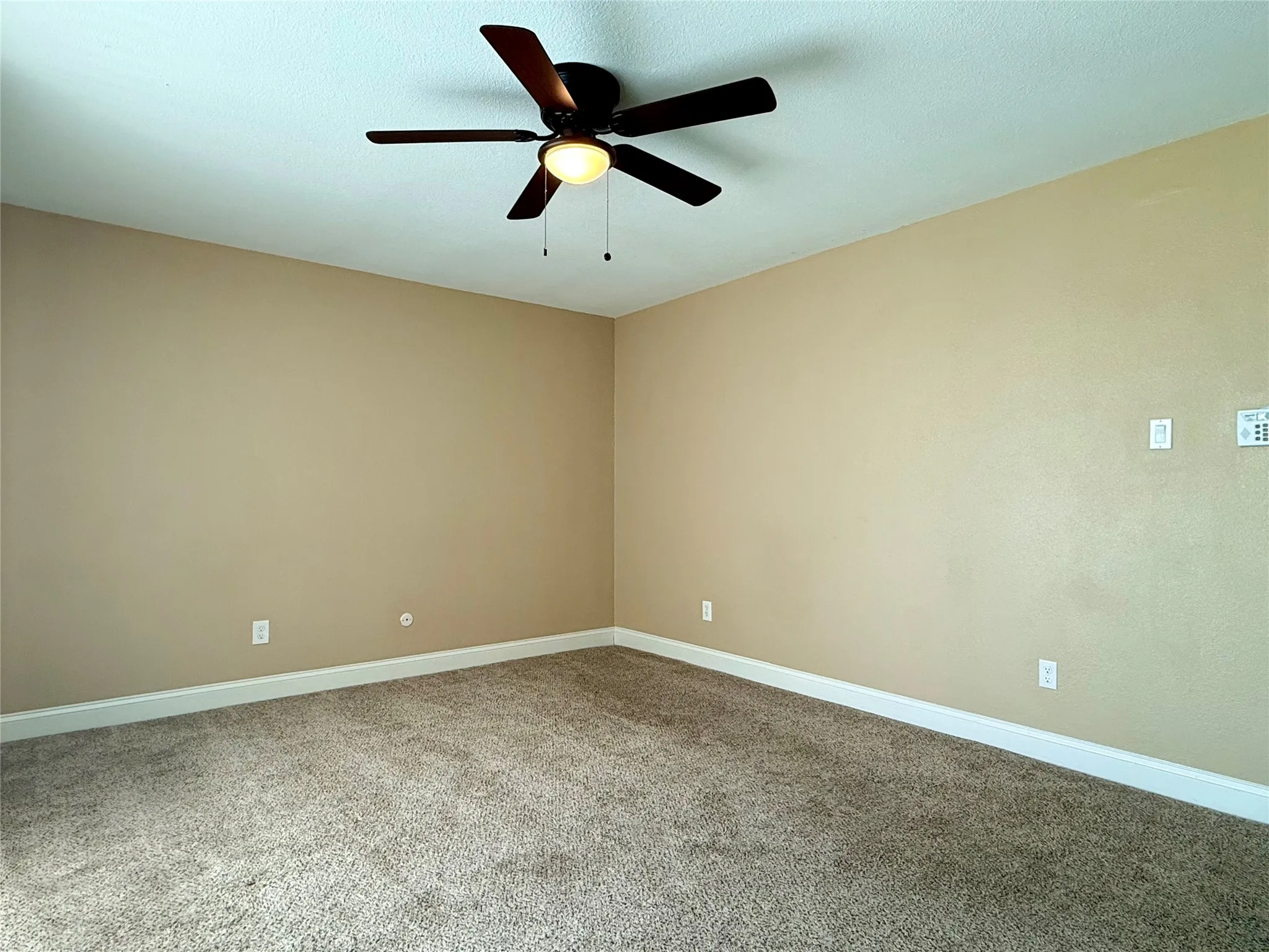 Wall-to-wall carpeting, ceiling fan with integrated lighting, and neutral wall tones