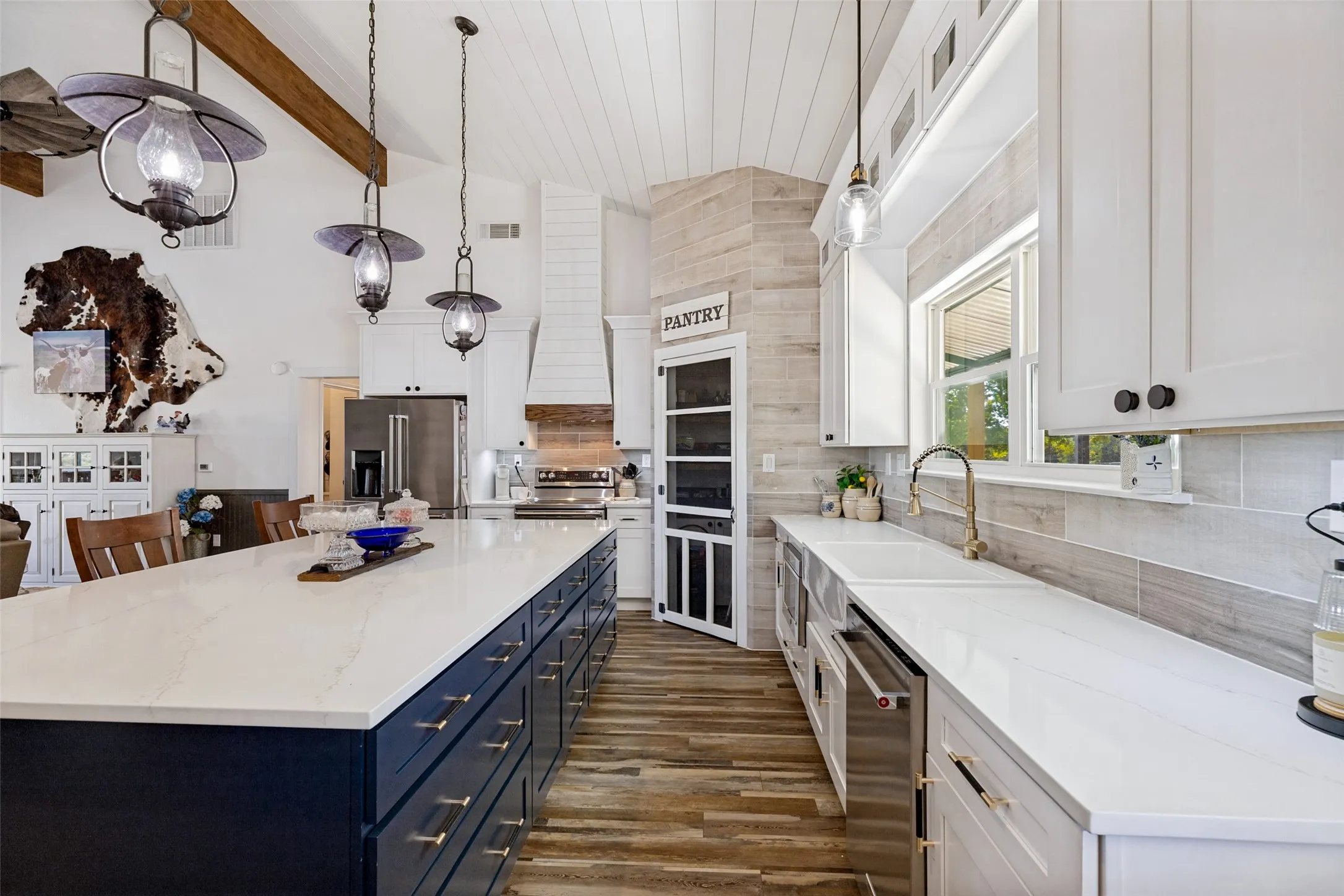 Large Quartz countertop and farm house sink