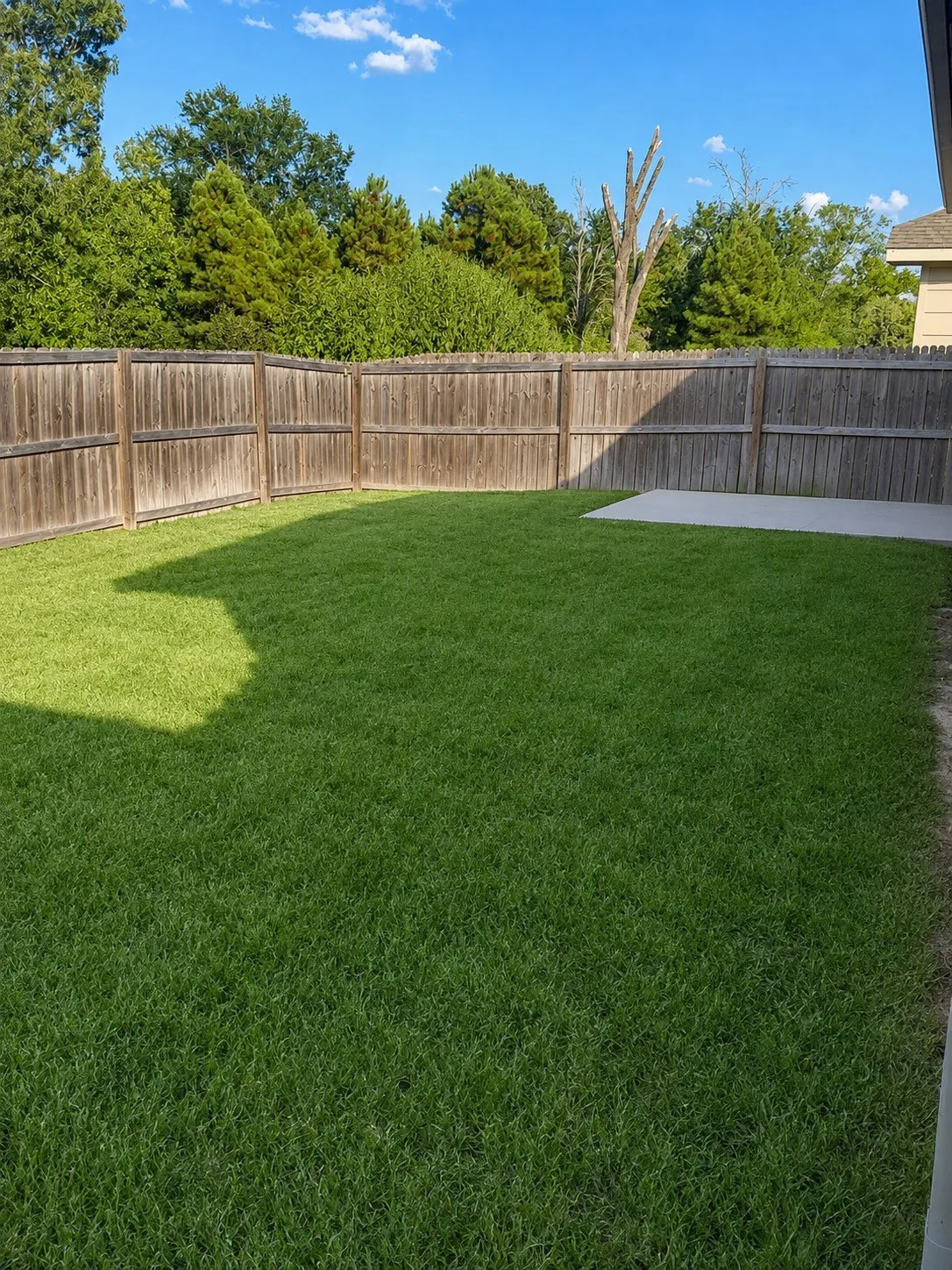 Expansive backyard featuring a lush lawn, privacy fencing, and a concrete patio