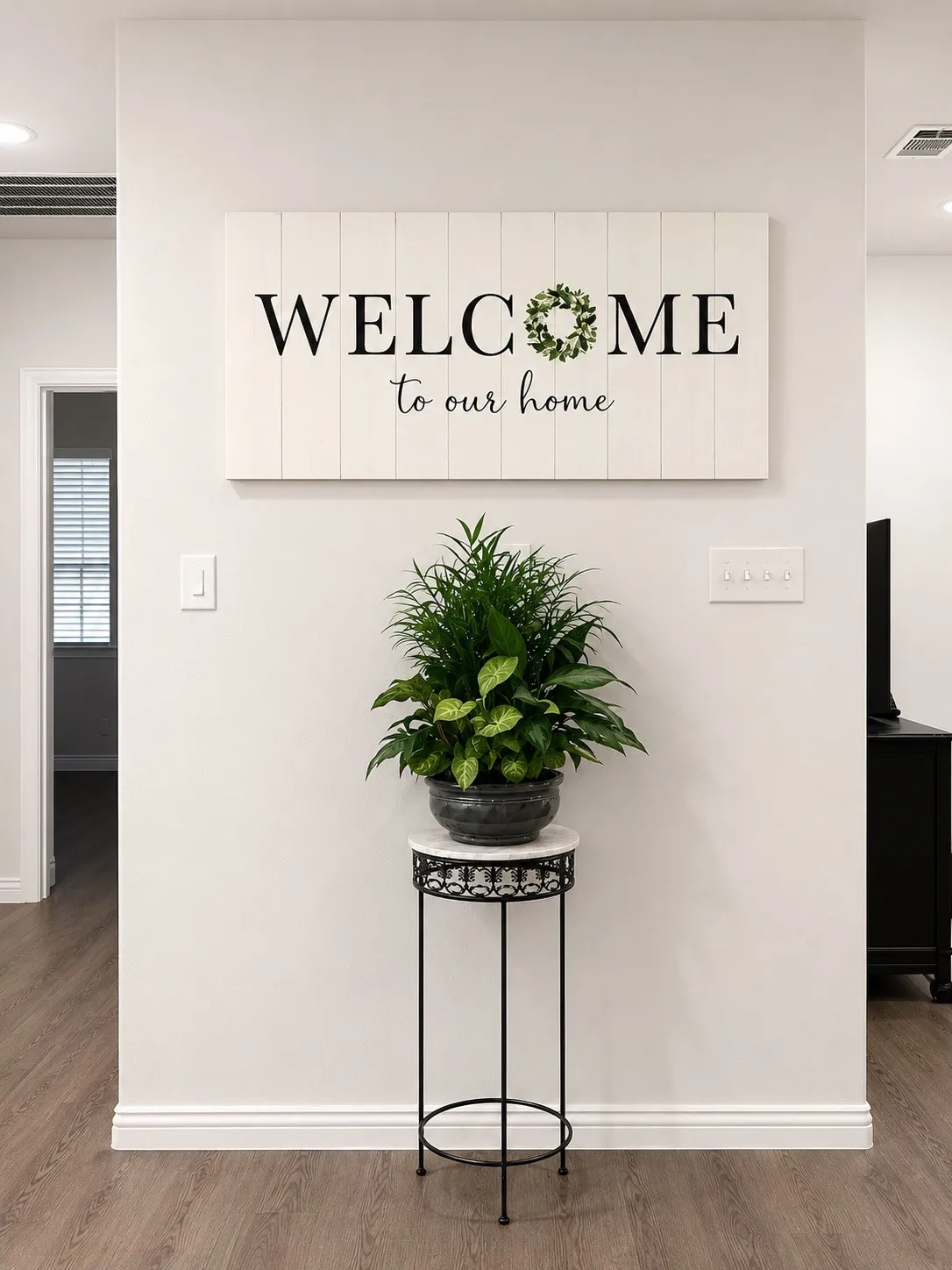 Wood-finish flooring with crisp white walls