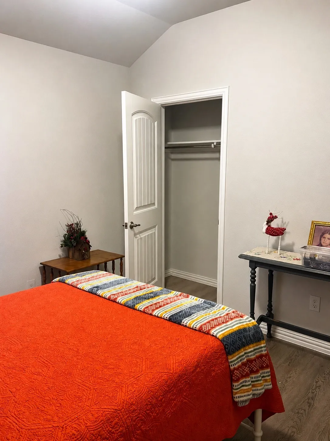 Vaulted ceiling, wood-finish flooring, interior door with paneling, and a built-in closet with hanging rod