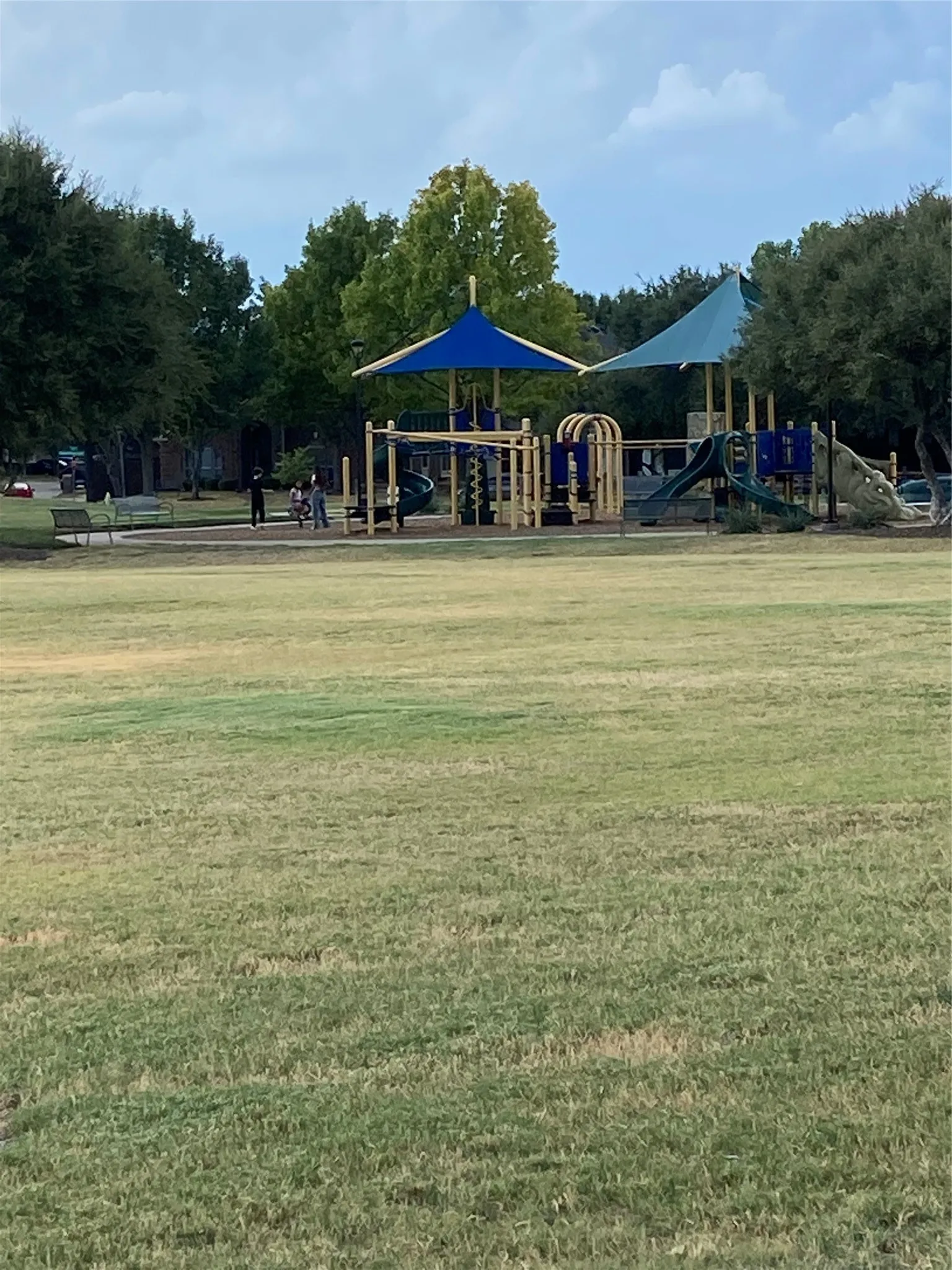 Playground is a part of the large park area in the neighborhood.