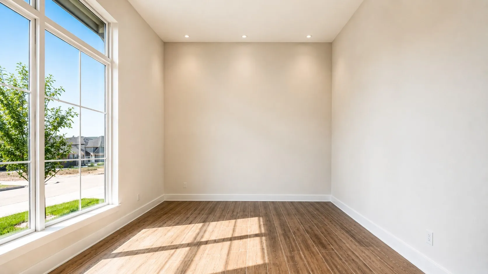 Large picture window with grid, wood-finish flooring, recessed lighting, and crisp white trim