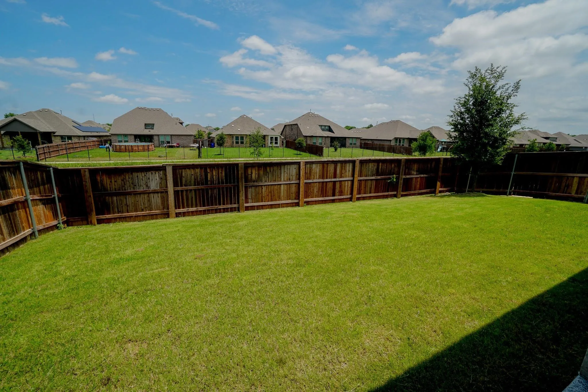 Expansive backyard featuring a manicured lawn, established privacy fencing, and a mature tree