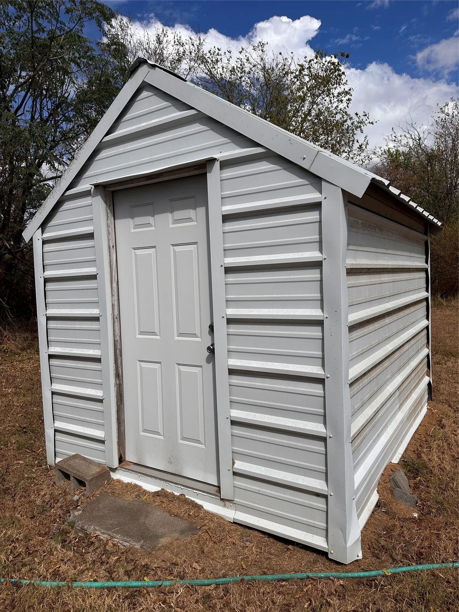Gable roof 8 x 10 storage shed featuring horizontal metal siding and a panel-style access door
