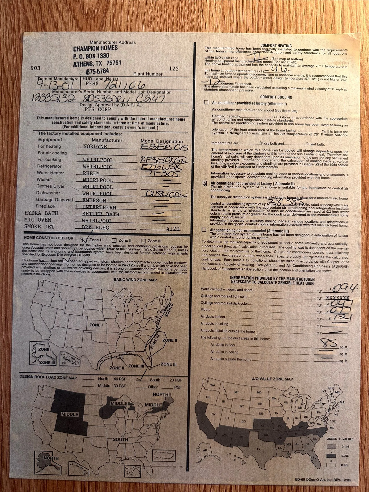 Manufactured Home Specifications. Detailing manufacturer information, equipment lists, and comfort system information for the property