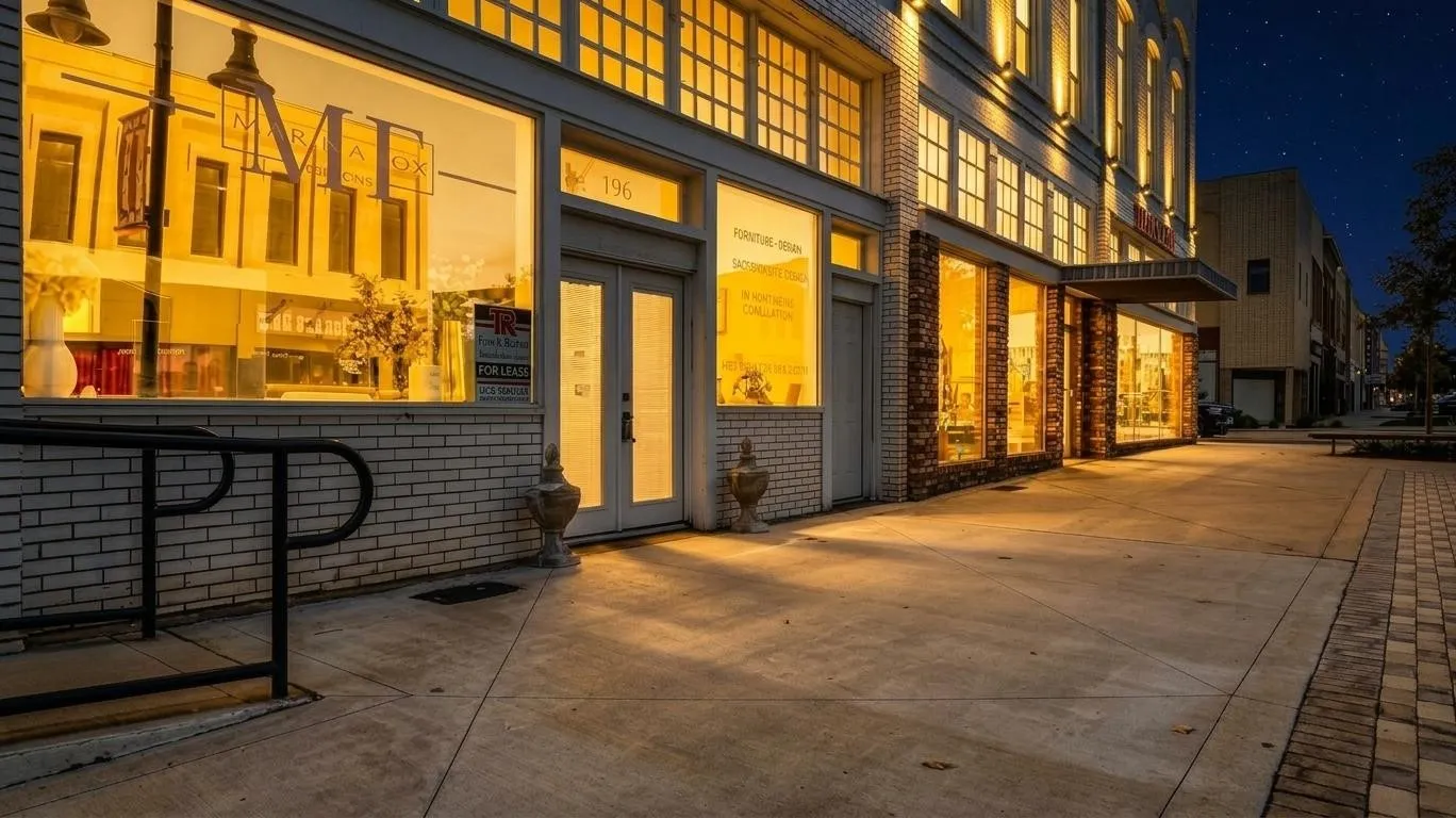 White brick facade with large display windows
