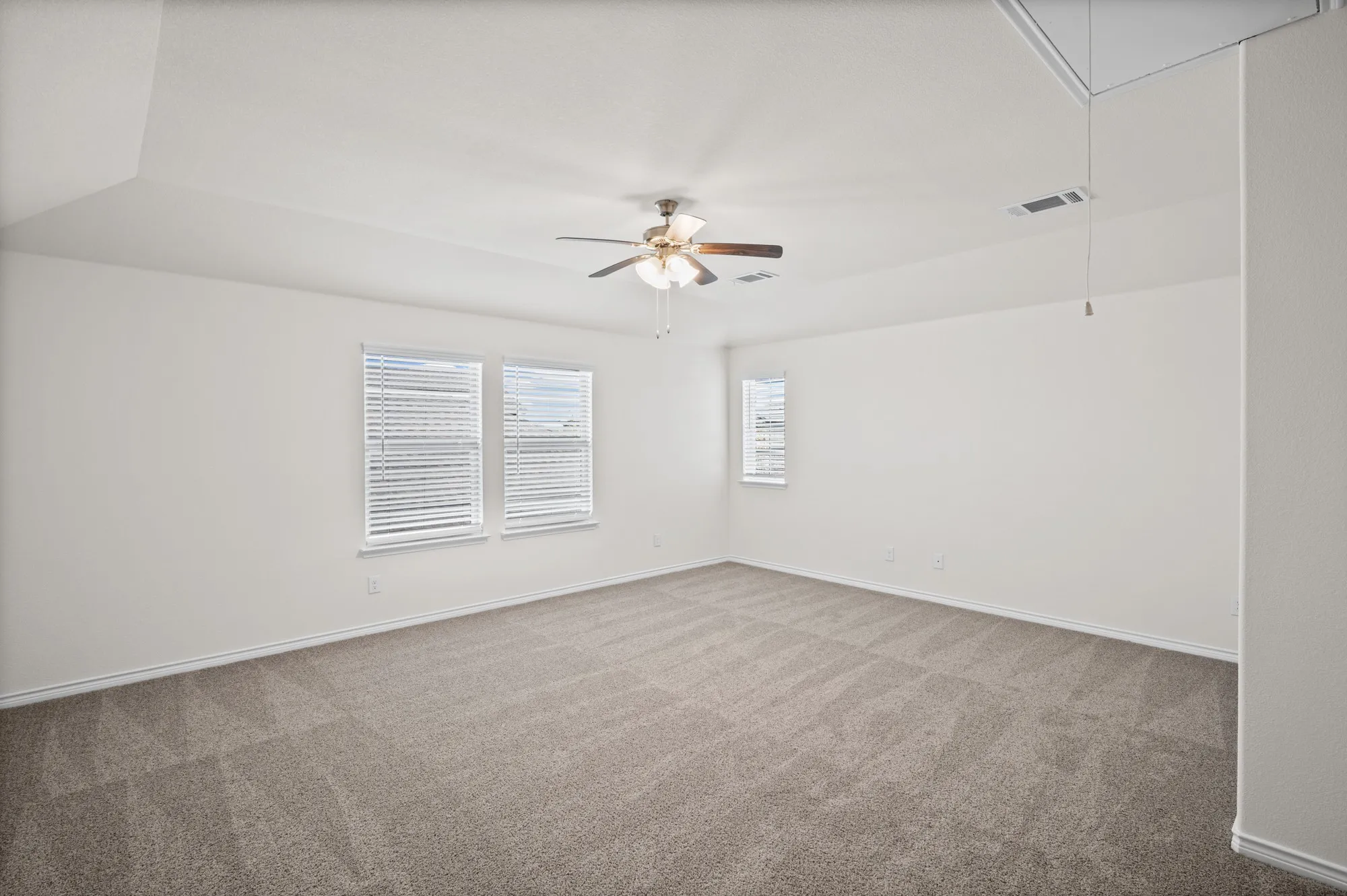 Spacious room featuring neutral carpeting, white walls, multiple windows with blinds, and a ceiling fan