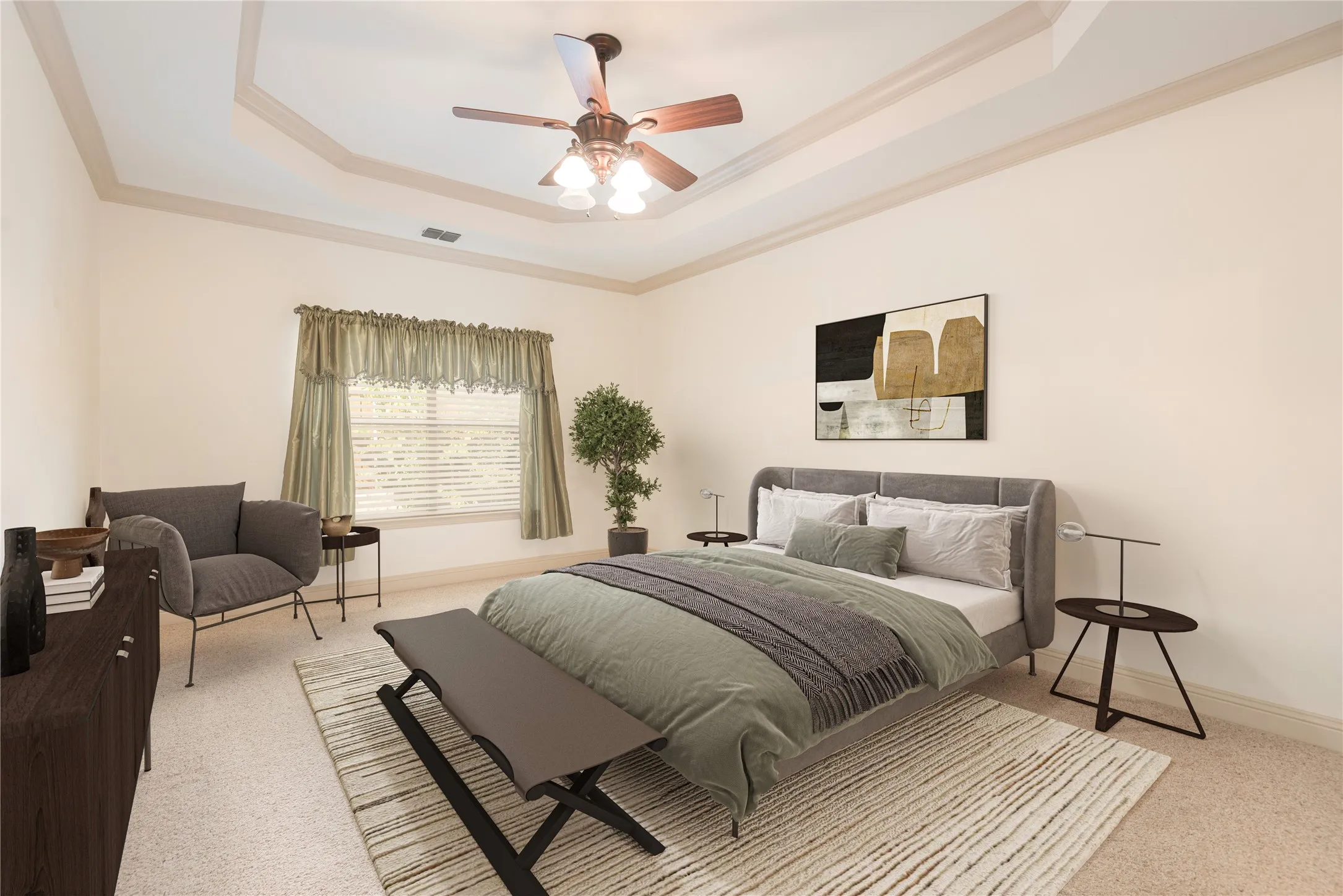 VIRTUALLY STAGED Tray ceiling with crown molding, ceiling fan with integrated lighting, window with horizontal blinds, and carpeted flooring