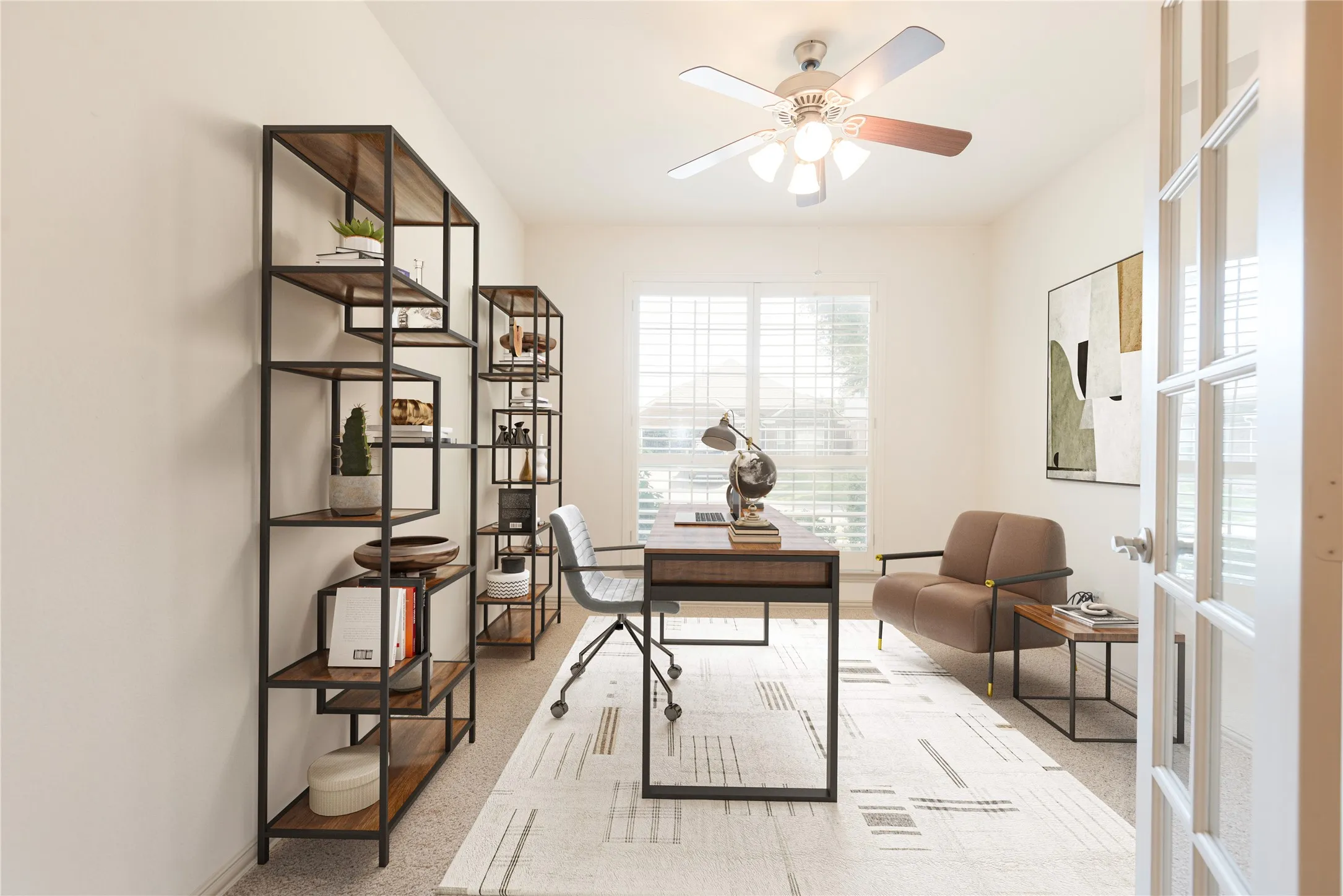 VIRTUALLY STAGED STUDY W/ French doors with glass panels, a ceiling fan with light fixture, window with horizontal blinds, and neutral wall tones