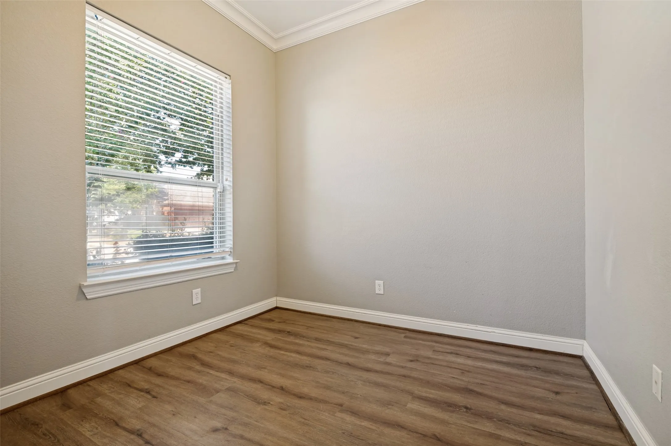 Wood-finish flooring, crown molding, and window with blinds