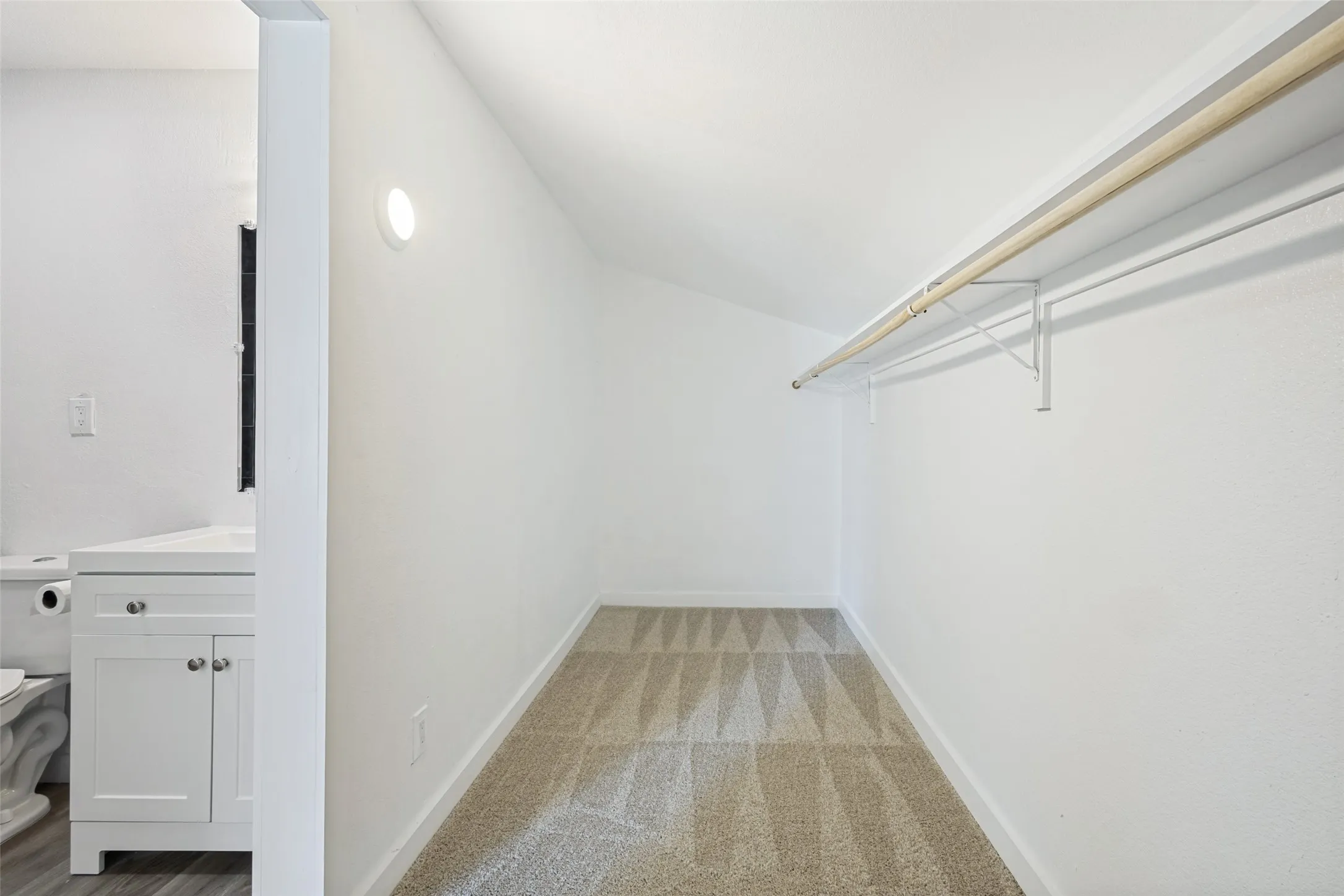 Walk-in closet featuring sloped ceiling, overhead lighting, single hanging rod, and patterned carpet flooring