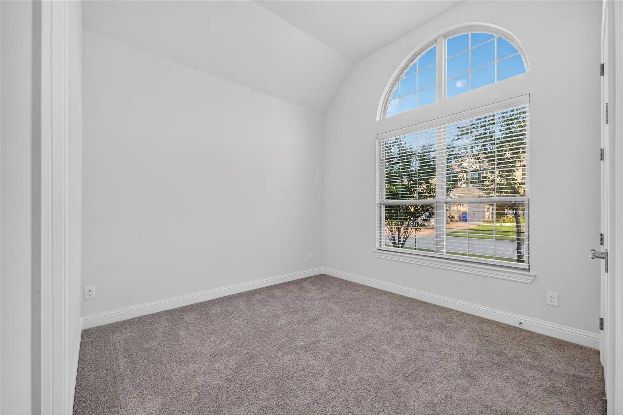 Arched window with transom, neutral paint palette, vaulted ceiling, and gray carpeted flooring