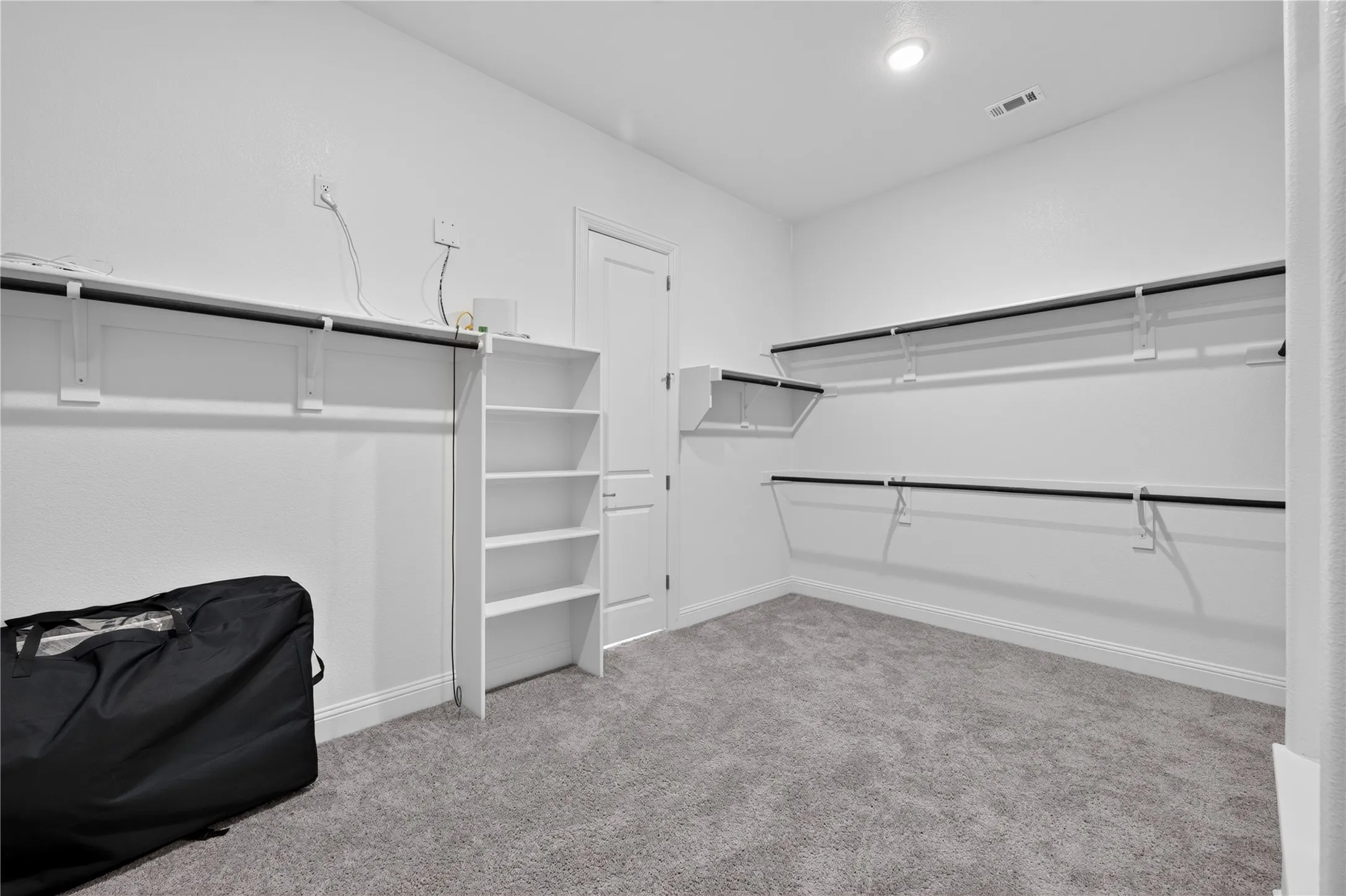 Spacious walk-in closet featuring built-in shelving, multiple hanging rods, and plush carpet flooring
