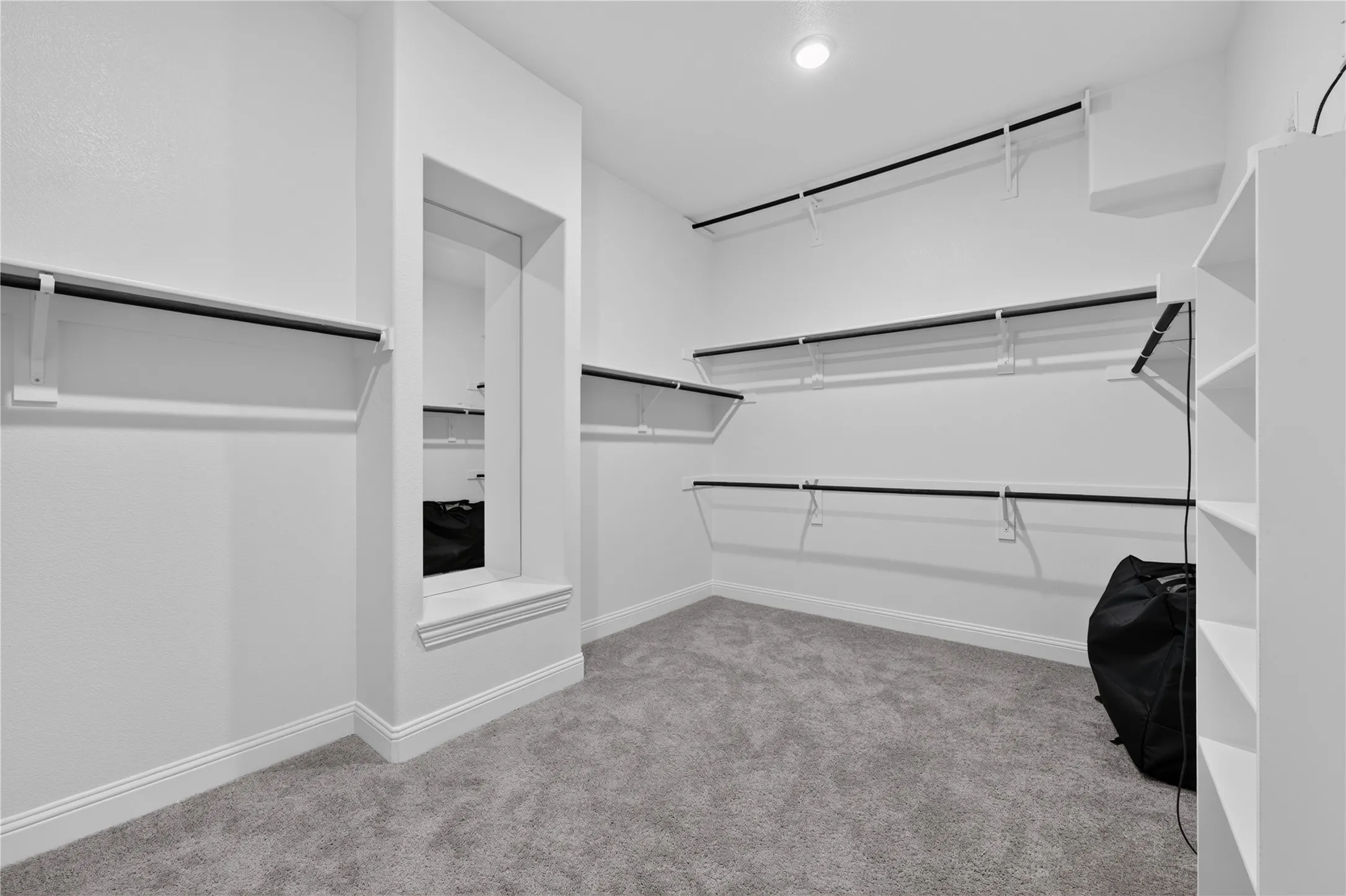 Spacious closet featuring grey carpeting, built-in shelving, multiple hanging rods, and an interior window