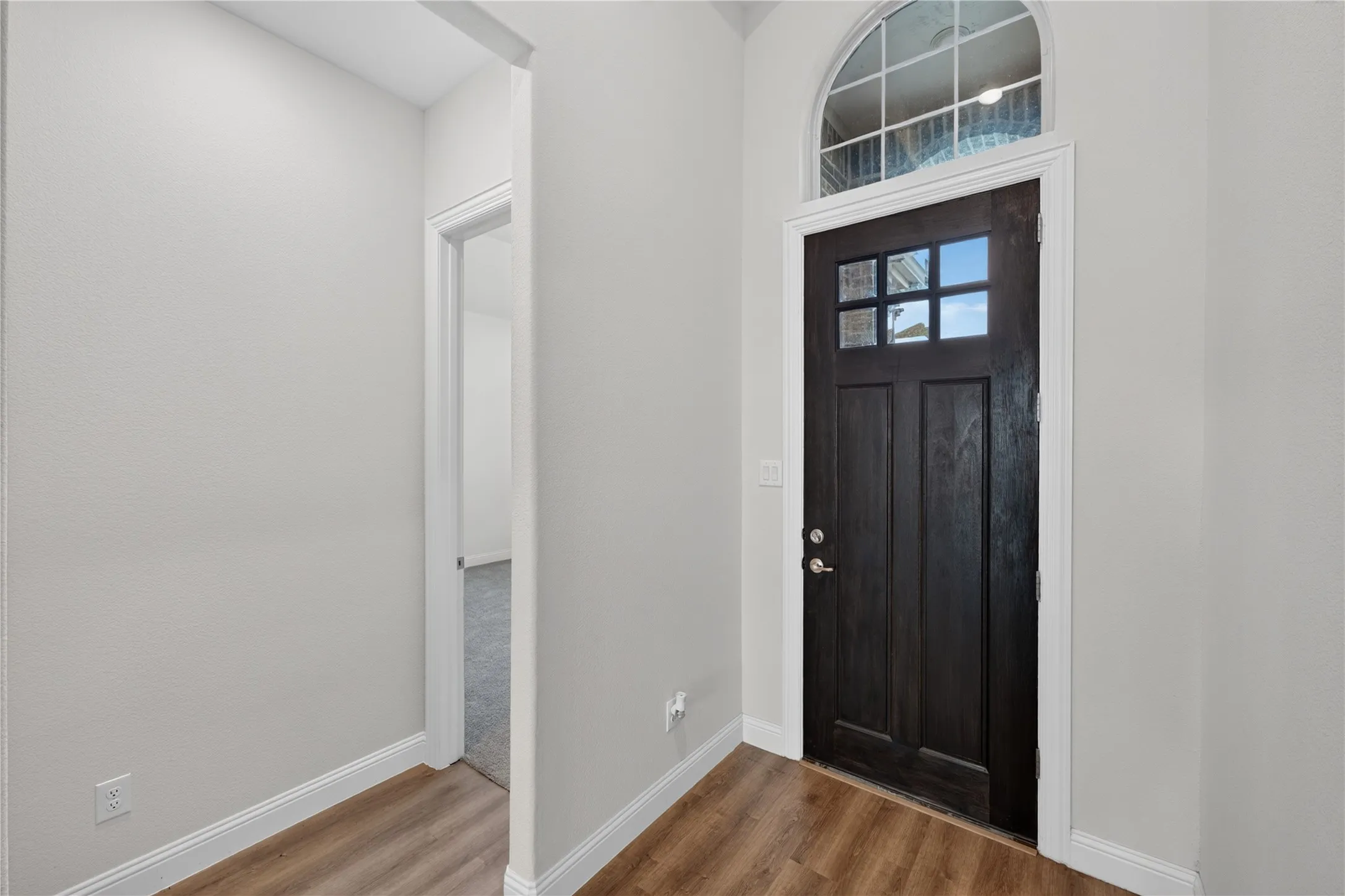 Dark wood-paneled entry door with grid glass paneling and an arched transom window