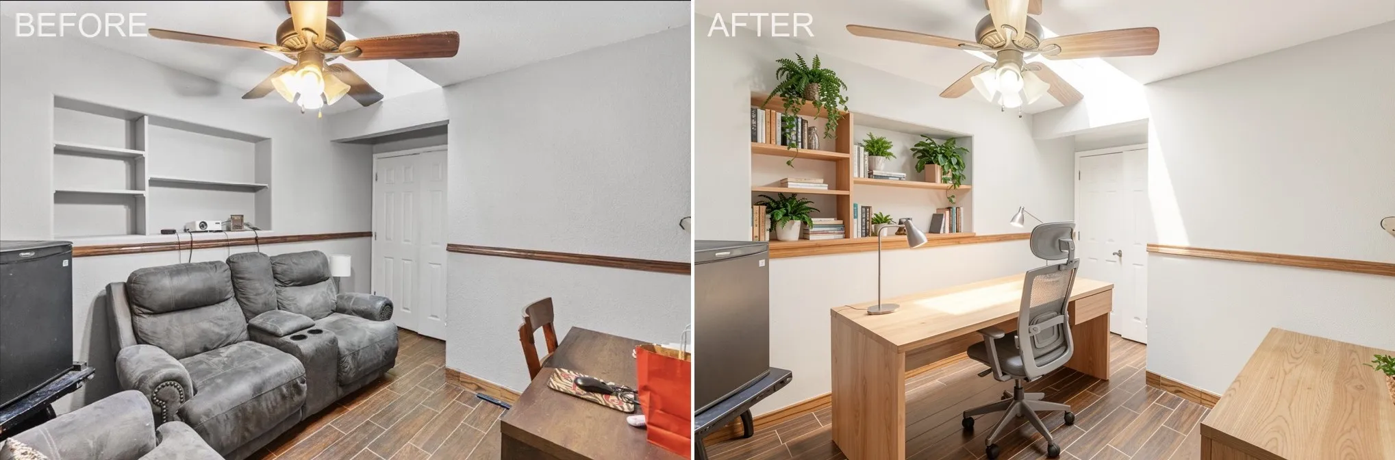 Flexible office space featuring integrated wood-finish shelving and additional room for a home workspace, study, or creative space.Left: Original Right: Virtually-staged furnishings and decor not included