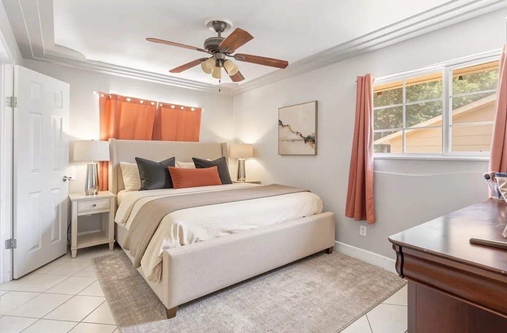 Bedroom featuring white-tiled flooring, crown molding, a ceiling fan, and a bright, comfortable layout. Virtually staged to show design potential.
