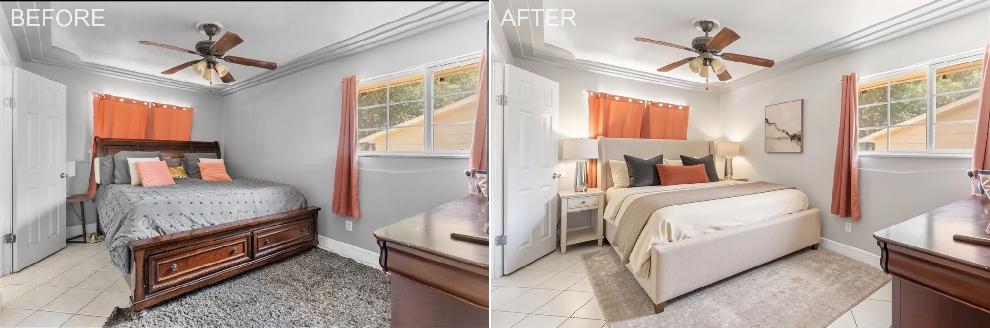 Primary Bedroom featuring a tray ceiling with crown molding and a ceiling fan for added comfort.
Left: Original Right: Virtually-staged furnishings and decor not includedLeft: Original Right: Virtually-staged furnishings and decor not included