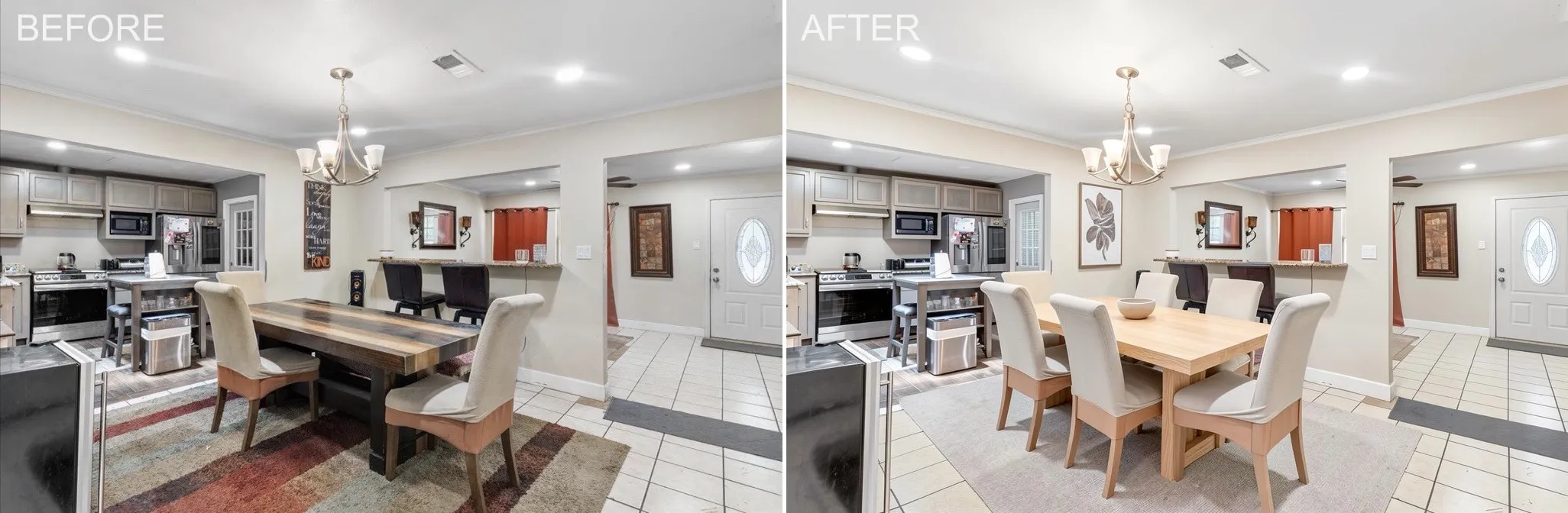 Open-concept living and dining area with recessed lighting and flexible space for entertaining, relaxing, or creating a personalized layout.Left: Original Right: Virtually-staged furnishings and decor not included
