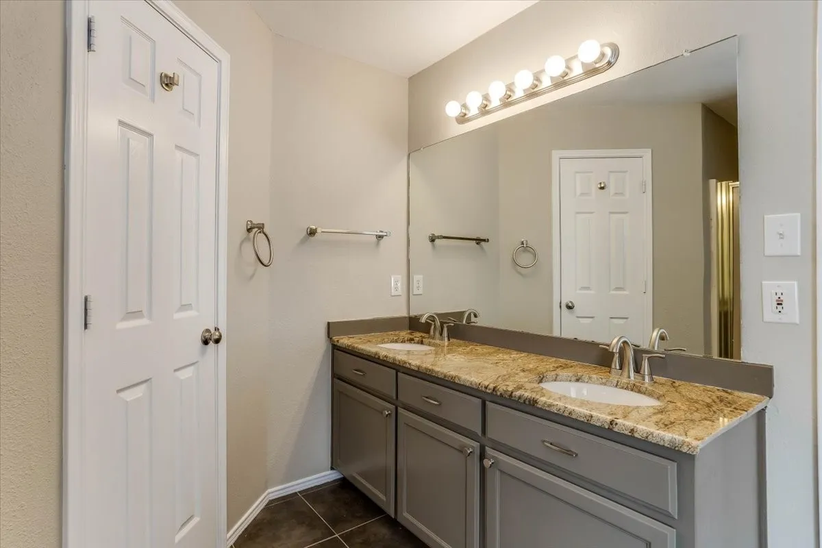 Dual sink vanity featuring a granite-finish countertop, gray cabinetry, and undermount sinks
