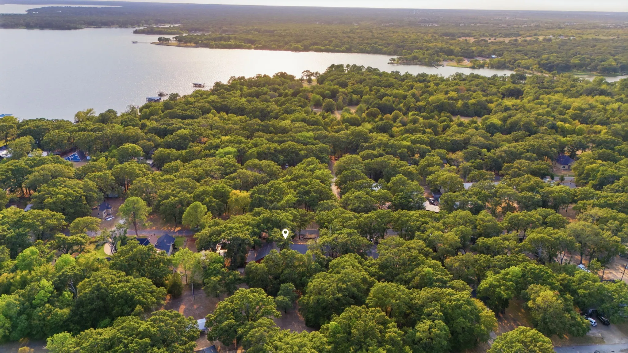 Aerial perspective showcasing a dense tree canopy surrounding residential properties, with a prominent body of water in the background