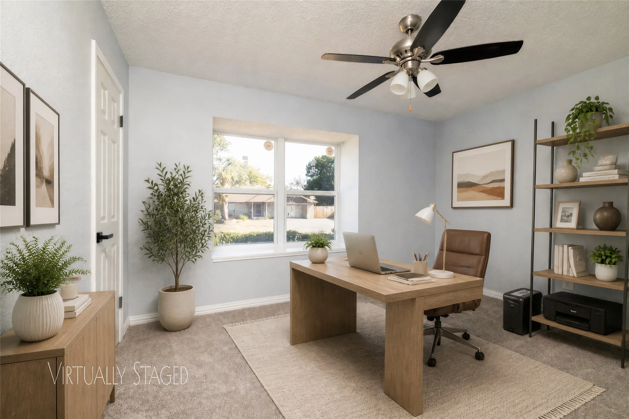 Recessed window with natural light, ceiling fan with integrated lighting, built-in window seat, panel door, and neutral-toned wall paint