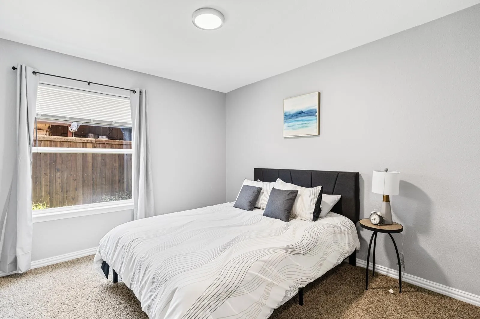 Carpeted flooring with light gray walls, a window with blinds and curtains, and a ceiling-mounted light fixture