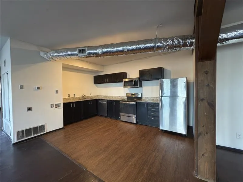 Kitchen featuring wood-finish flooring, dark cabinetry, stainless steel appliances, and granite-style countertops
