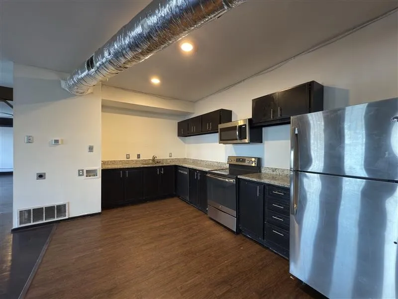 Kitchen featuring wood-finish flooring, dark cabinetry, light-toned countertops, and stainless steel appliances