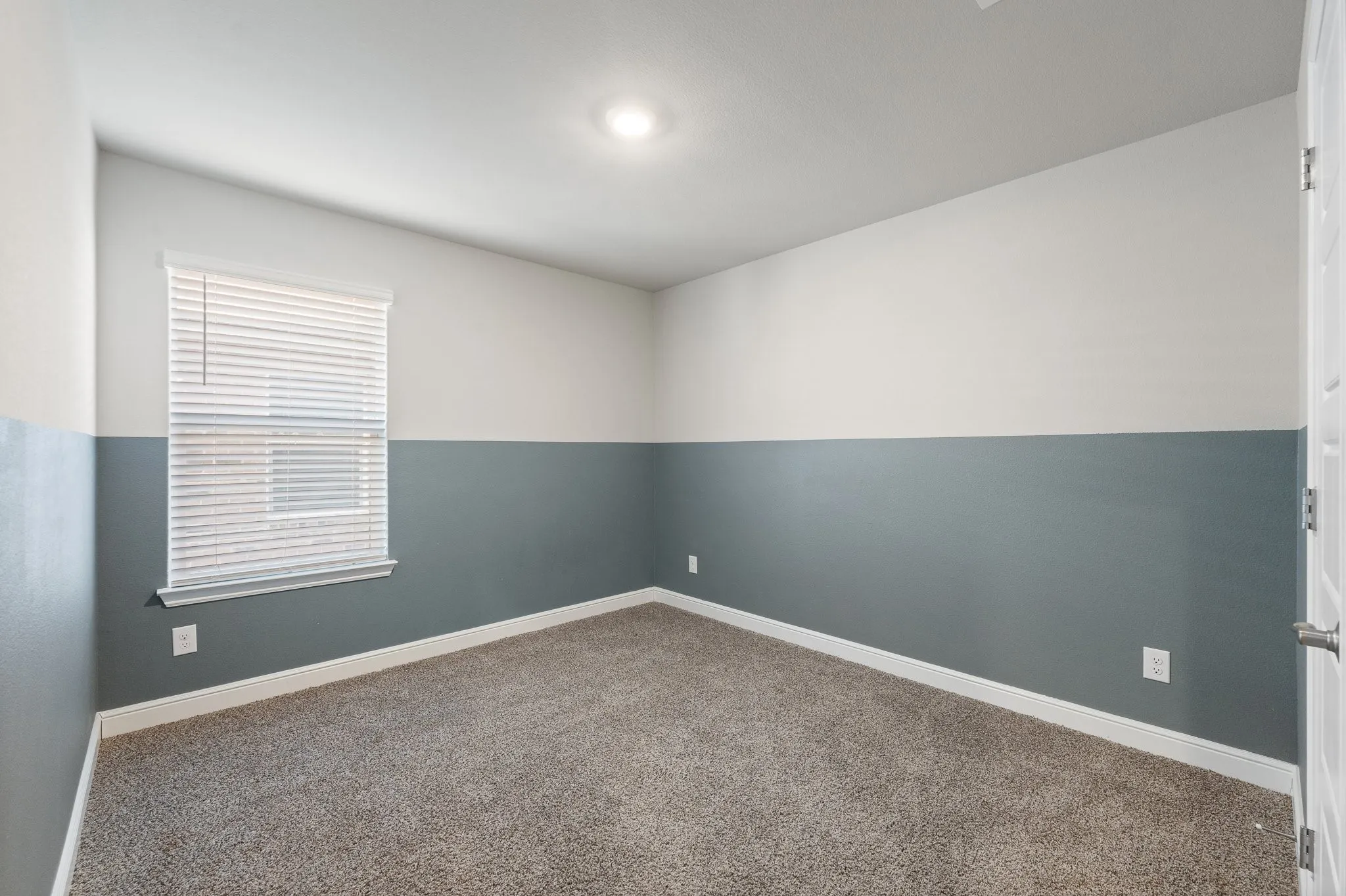 Carpeted flooring with painted walls, a window featuring blinds, and an overhead light fixture
