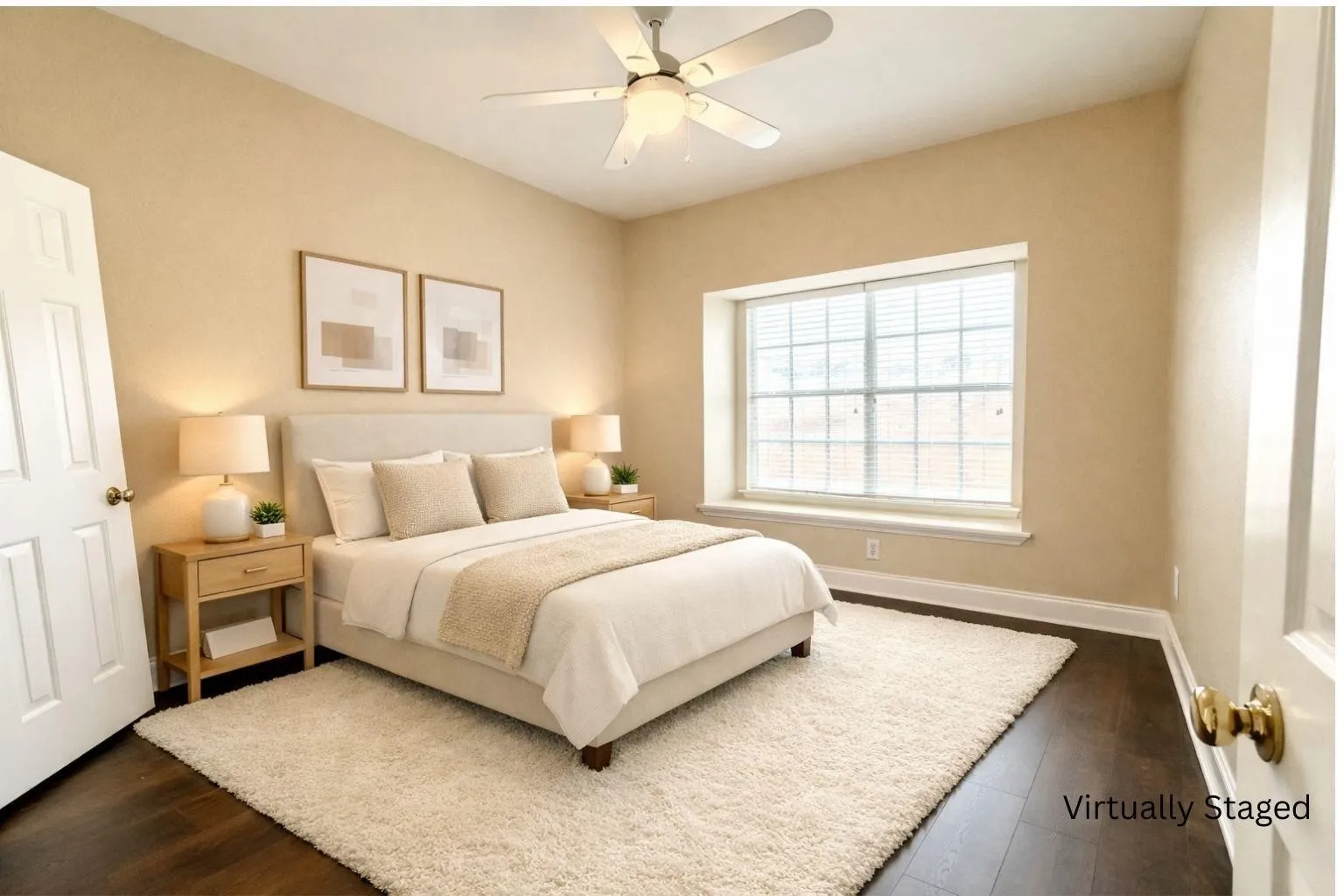 Wood-finish flooring, recessed window, ceiling fan, and solid interior doors