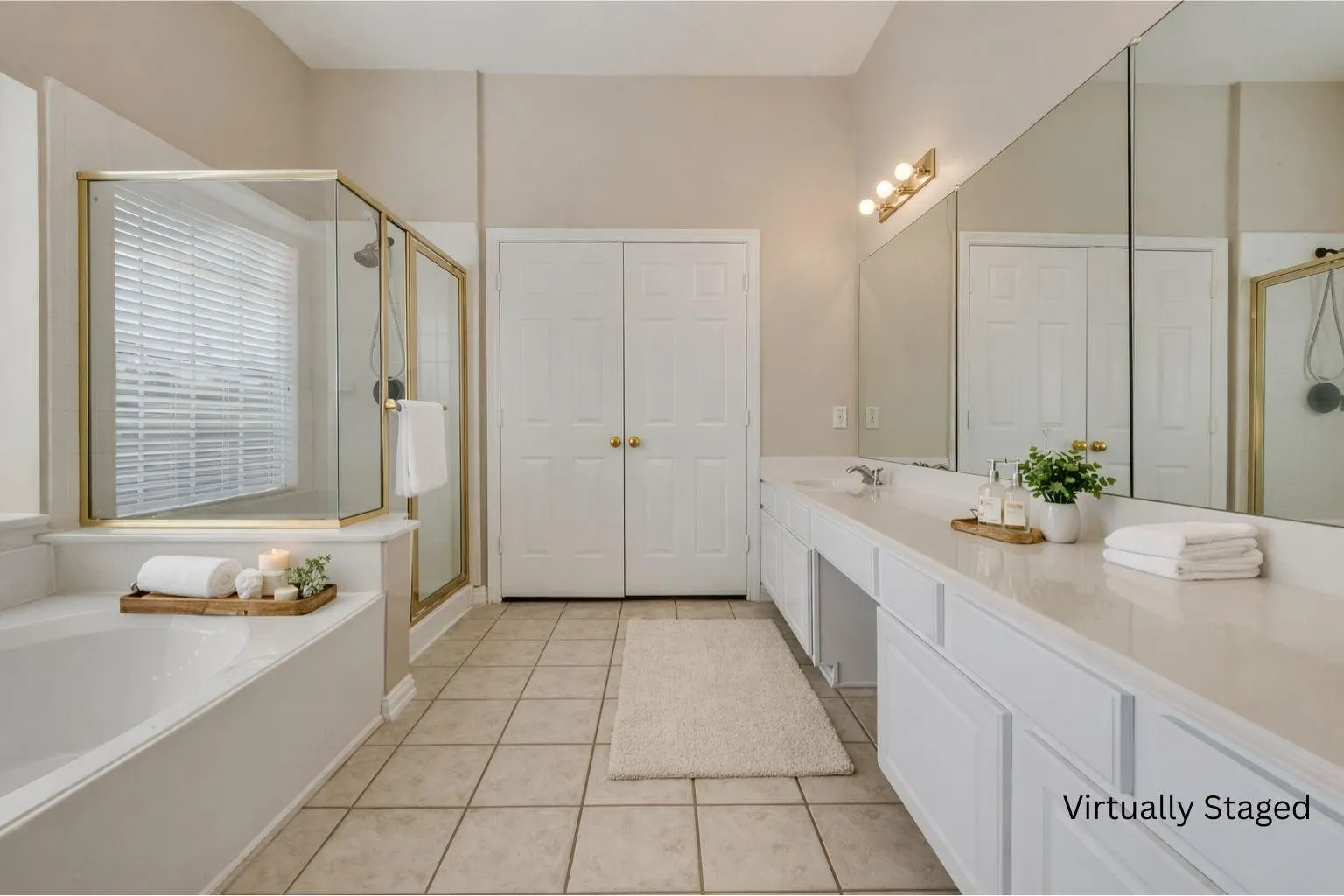Dual vanity with undermount sinks and extensive countertop​​‌​​​​‌​​‌‌​‌‌​​​‌‌​‌​‌​‌​​​‌​​ space