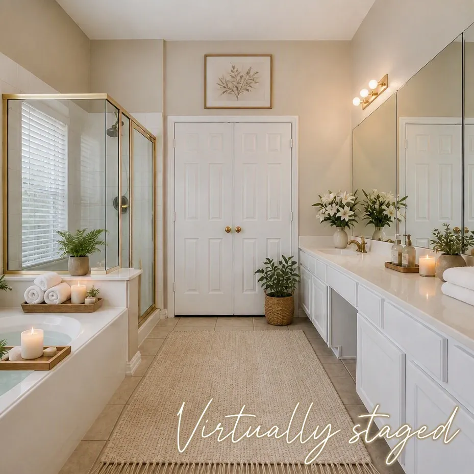 Spacious bathroom featuring a built-in tub, separate glass-enclosed shower, dual vanity with undermount sinks, and tile flooring