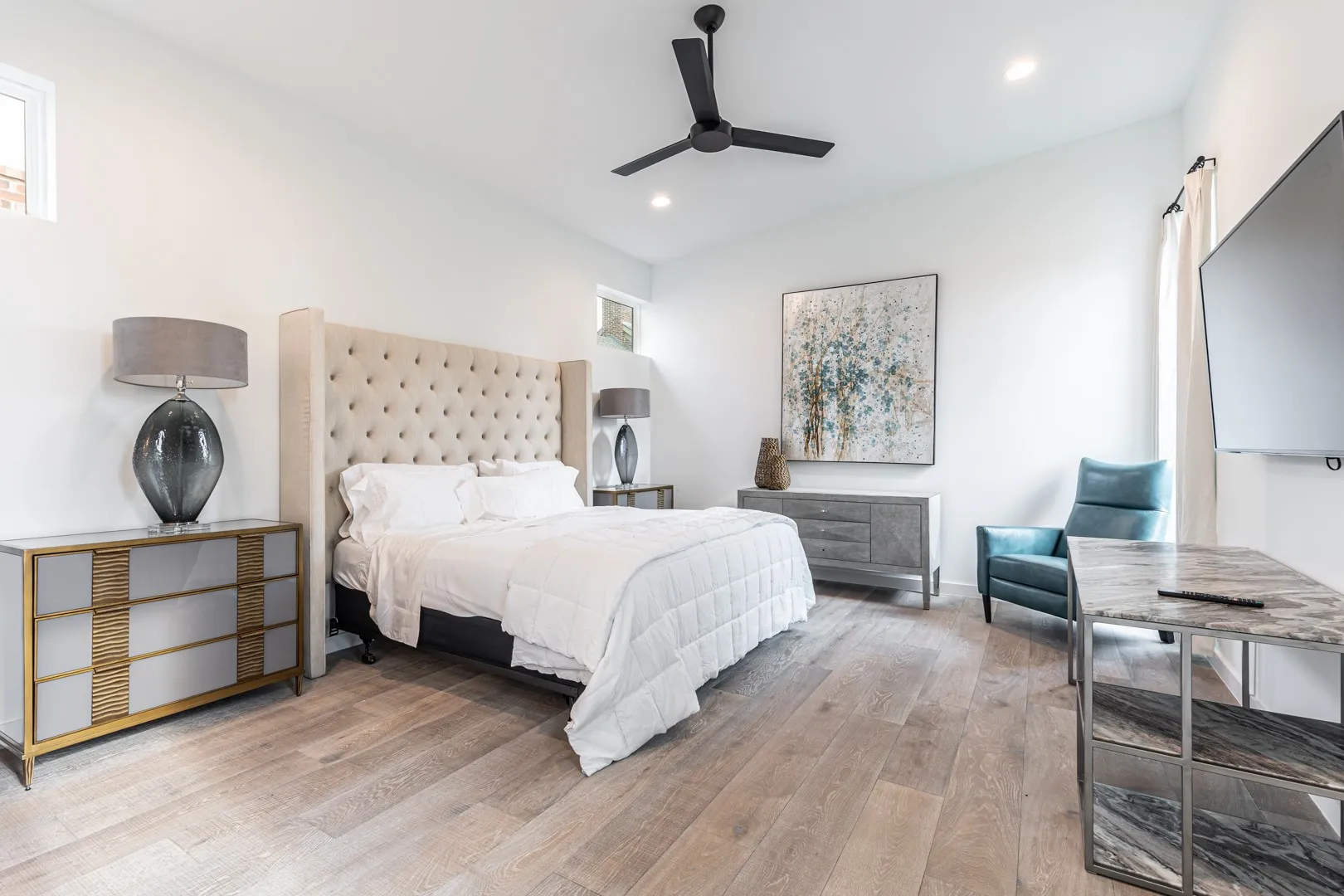 Bedroom featuring light wood-style floors, recessed lighting, and a ceiling fan