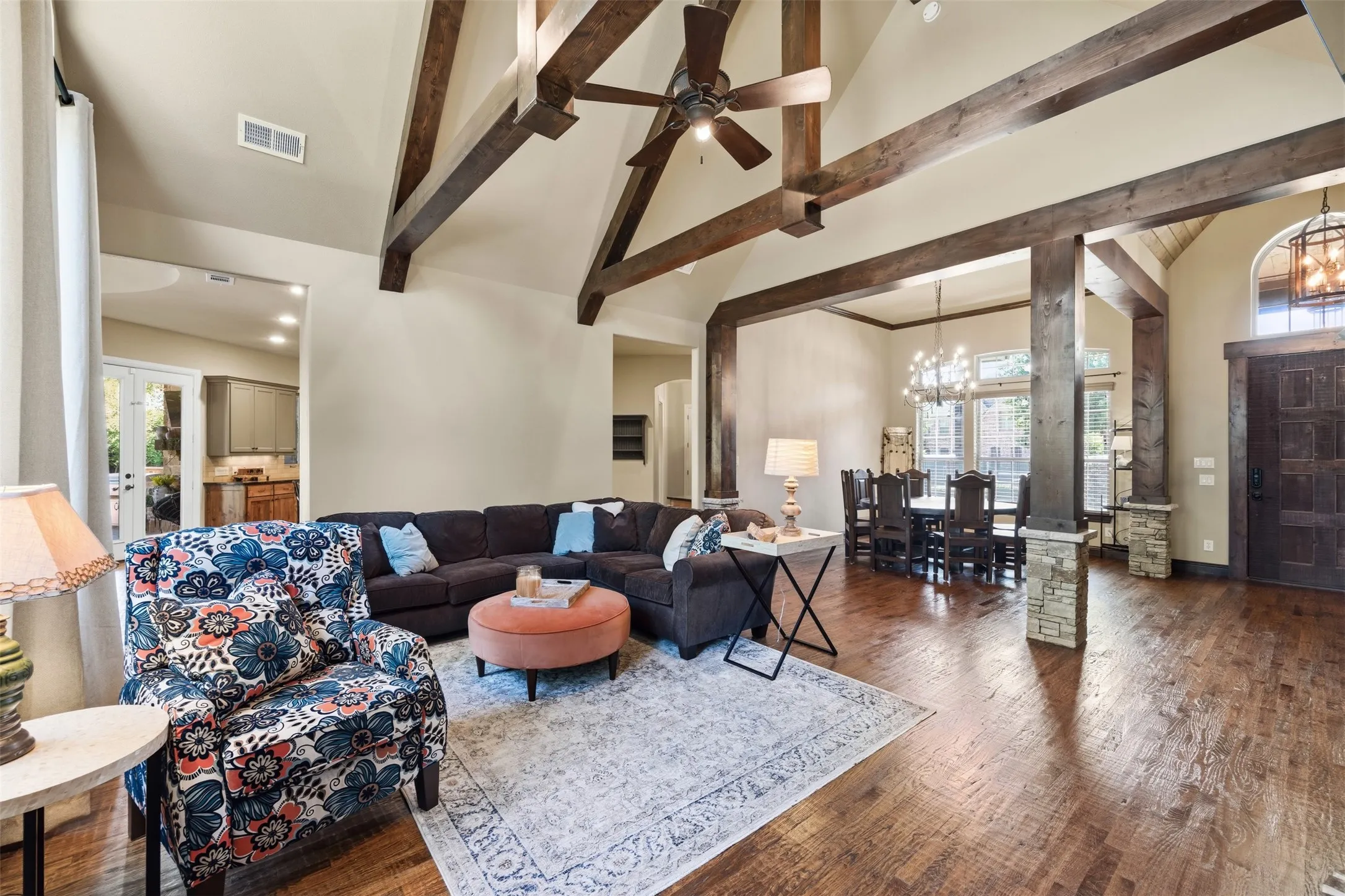 Living room opens to kitchen and dining room