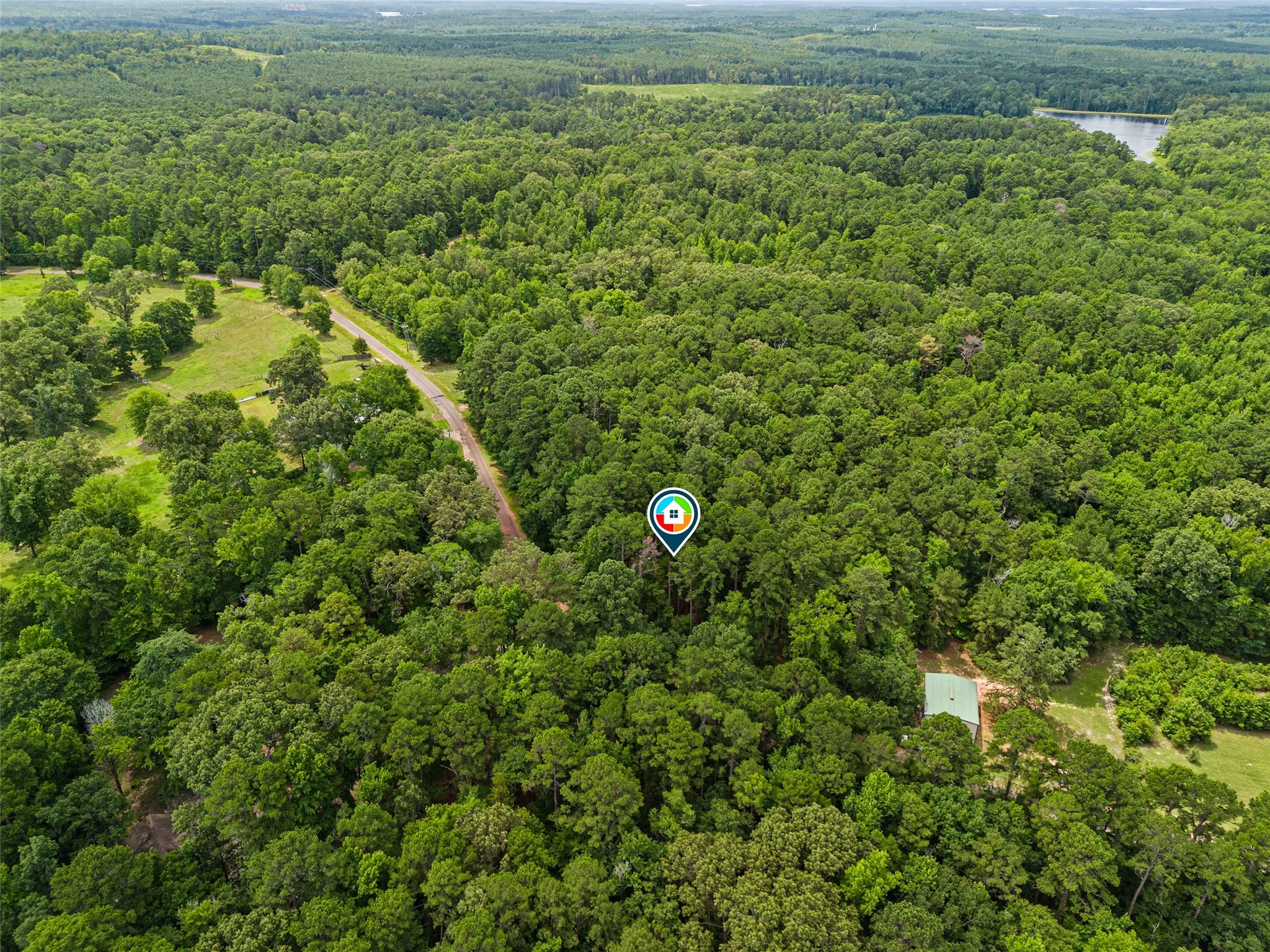 Expansive wooded acreage with a private drive and a visible residential structure, featuring a metal roof