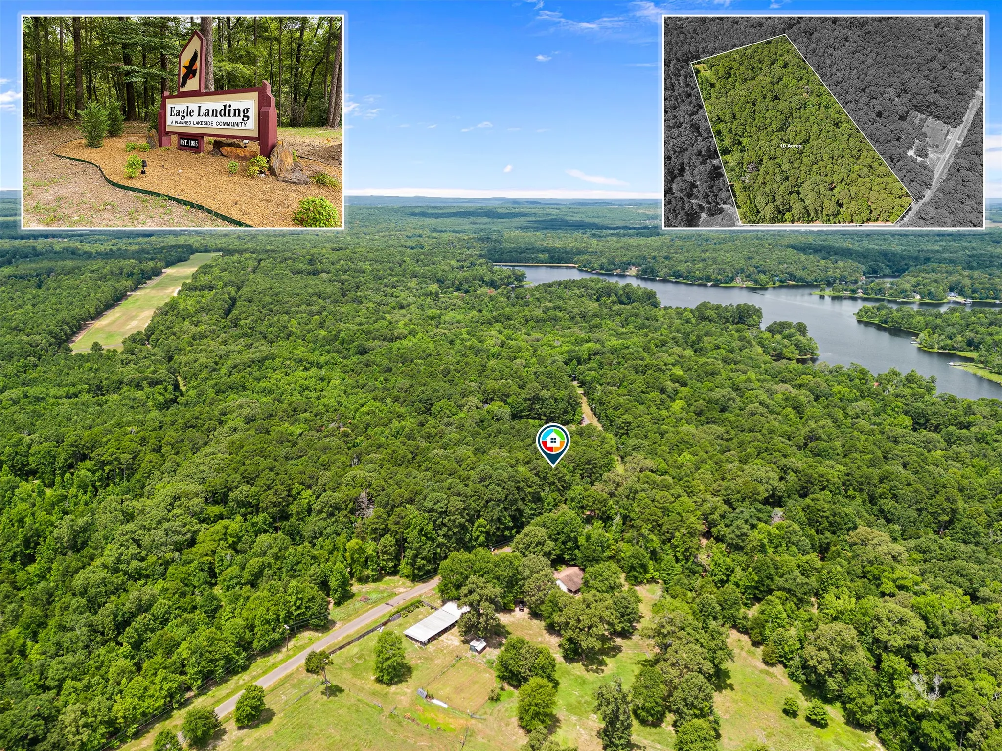Expansive wooded acreage with water frontage and an established entry sign