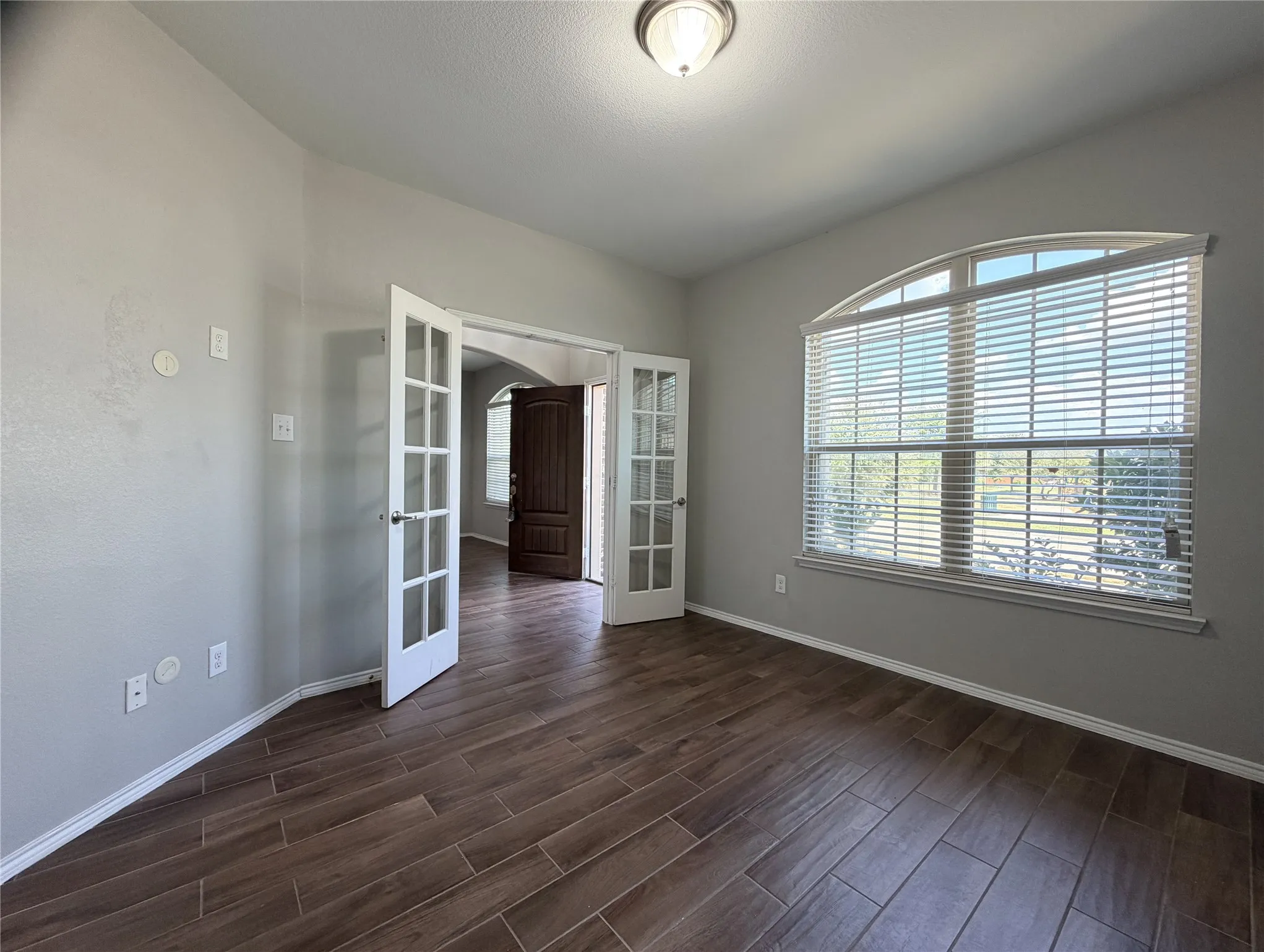 Wood-finish plank flooring, arched window with blinds, French doors, and a ceiling-mounted light fixture